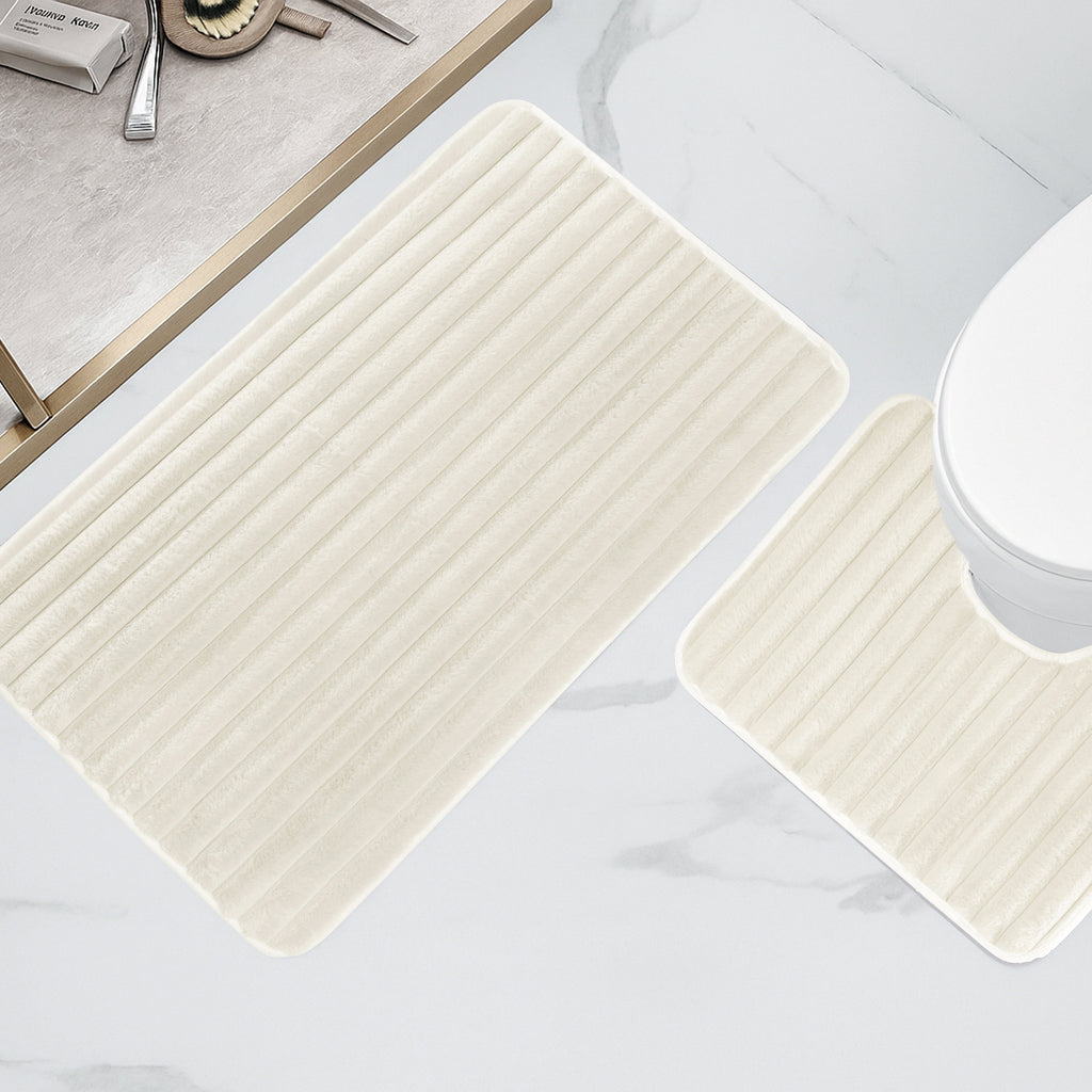OLIVIA ROCCO 2 Piece Ribbed Bath Mat Set – Non-Slip Absorbent Cream Mats