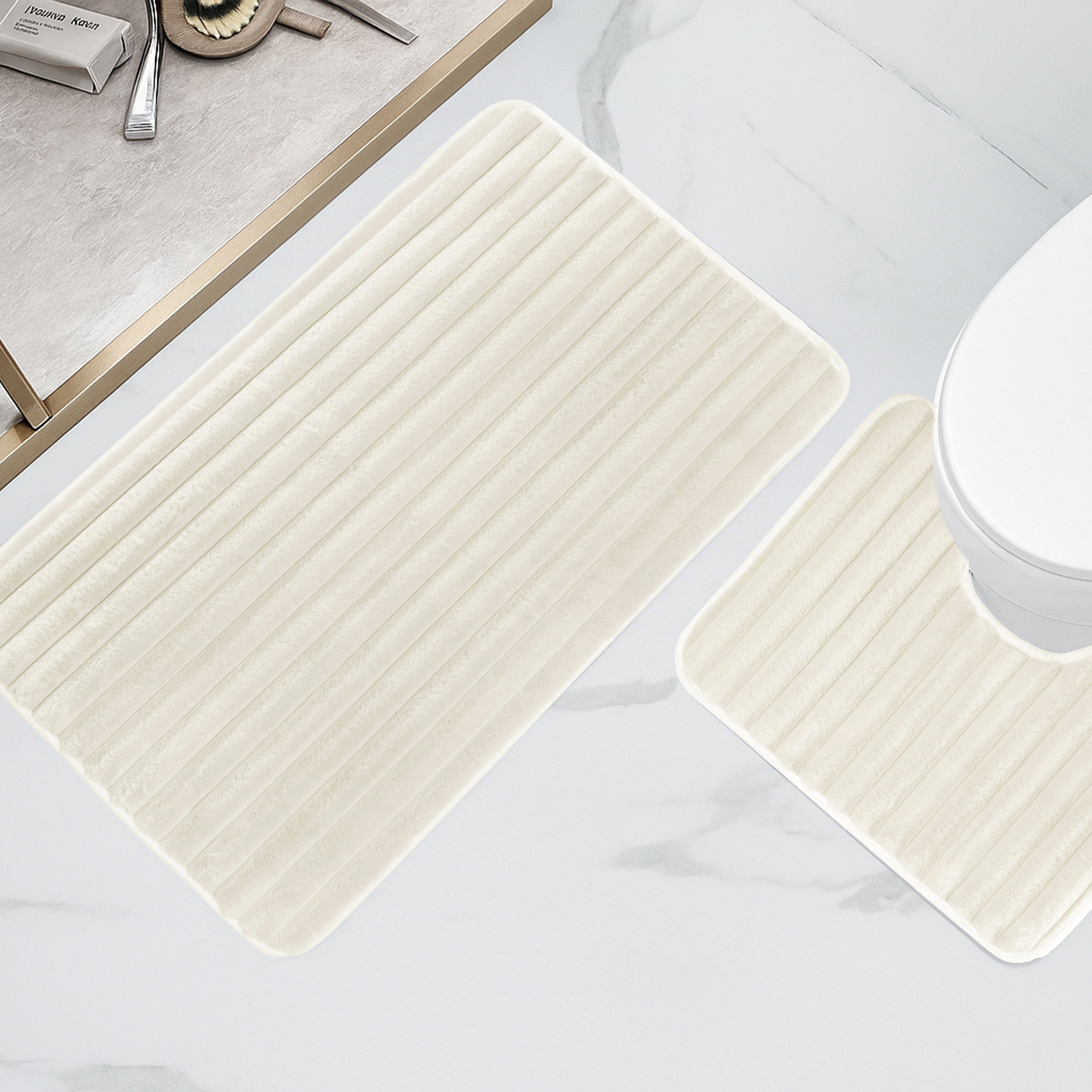 OLIVIA ROCCO 2 Piece Ribbed Bath Mat Set – Non-Slip Absorbent Cream Mats