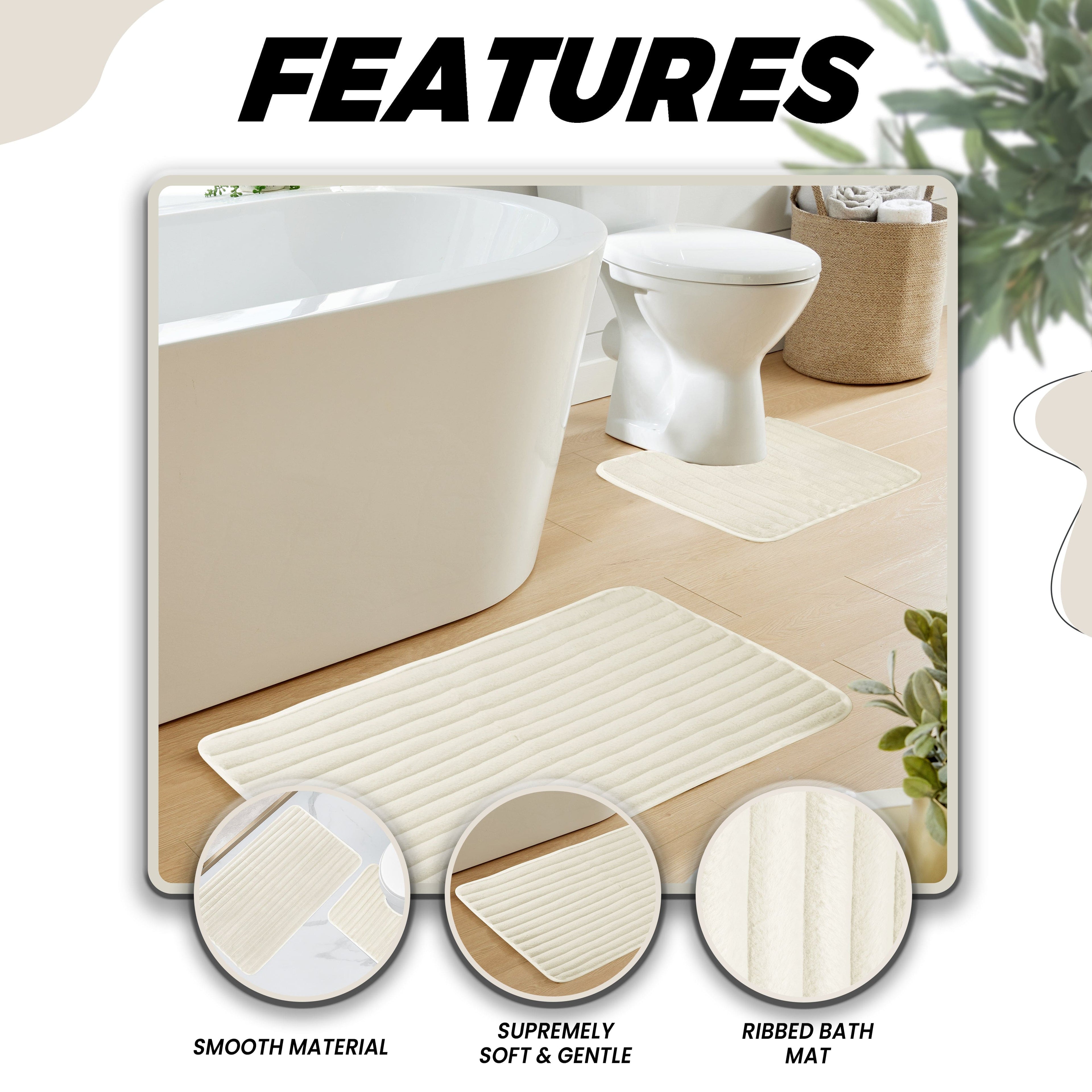 OLIVIA ROCCO 2 Piece Ribbed Bath Mat Set – Non-Slip Absorbent Cream Mats
