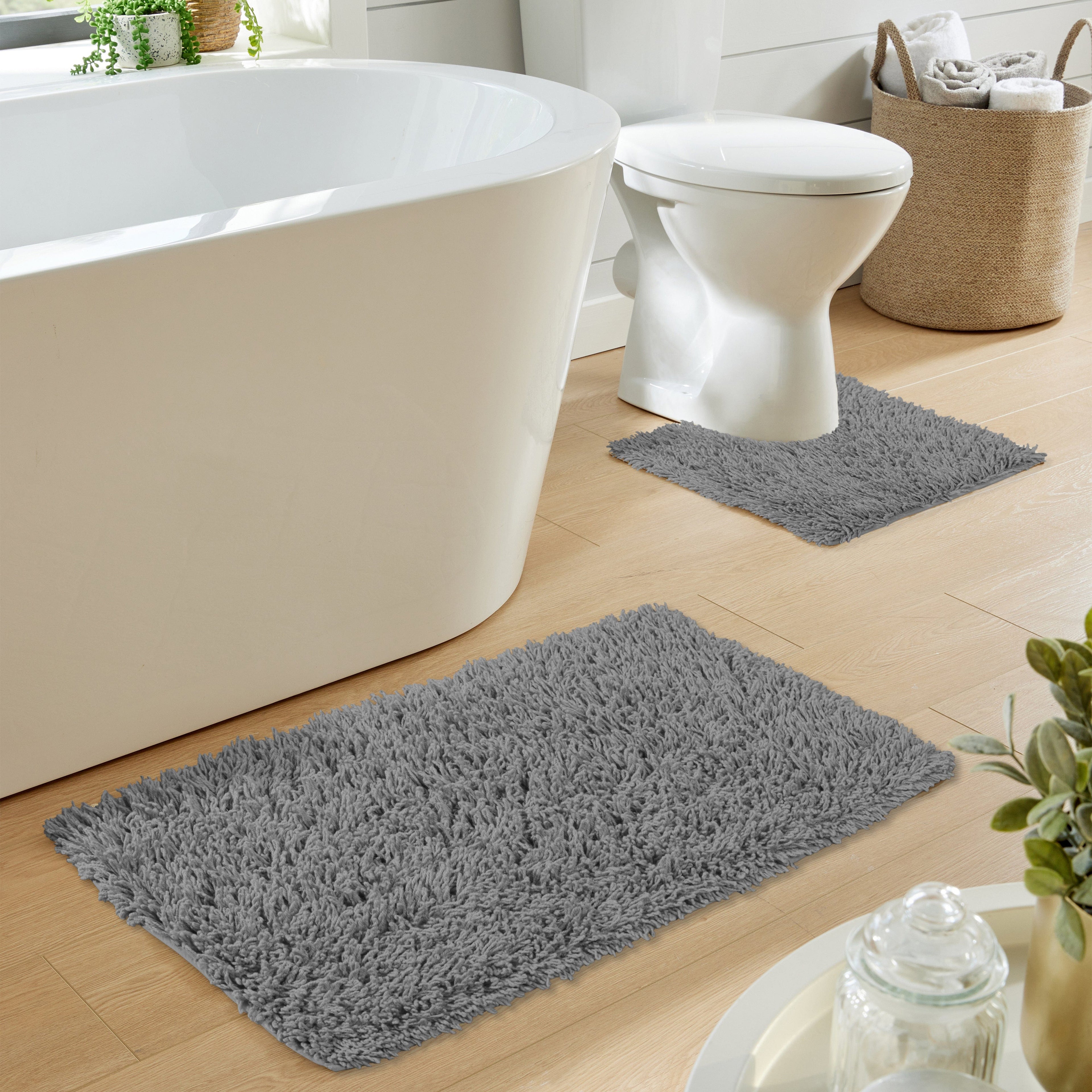 OLIVIA ROCCO Como 2 Piece Bath Mat Set – Grey Non-Slip Cotton Bathroom Mats