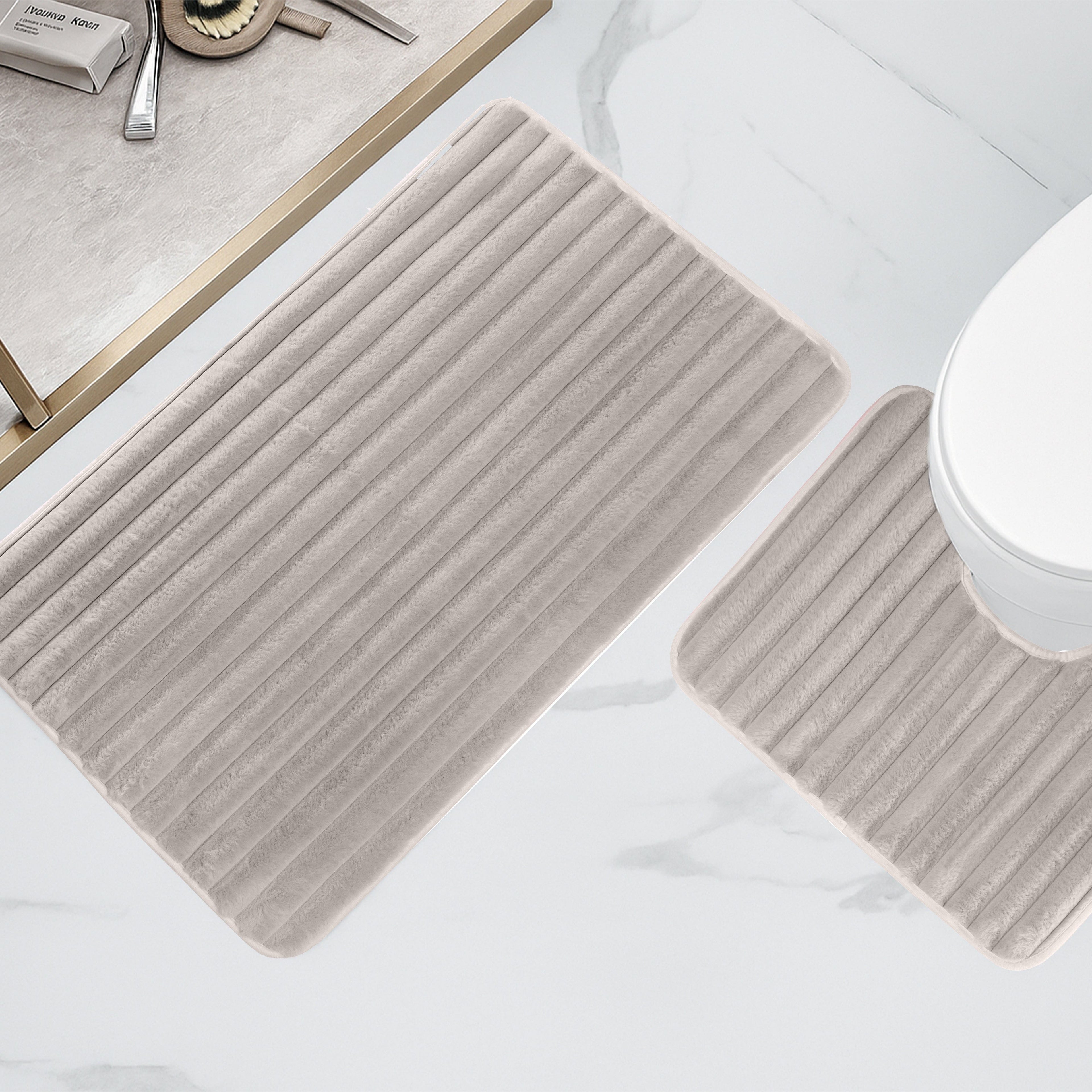 OLIVIA ROCCO 2 Piece Ribbed Bath Mat Set – Non Slip Absorbent Natural