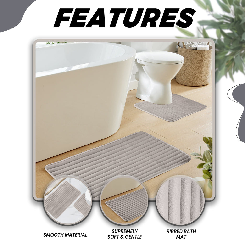 OLIVIA ROCCO 2 Piece Ribbed Bath Mat Set – Non Slip Absorbent Natural