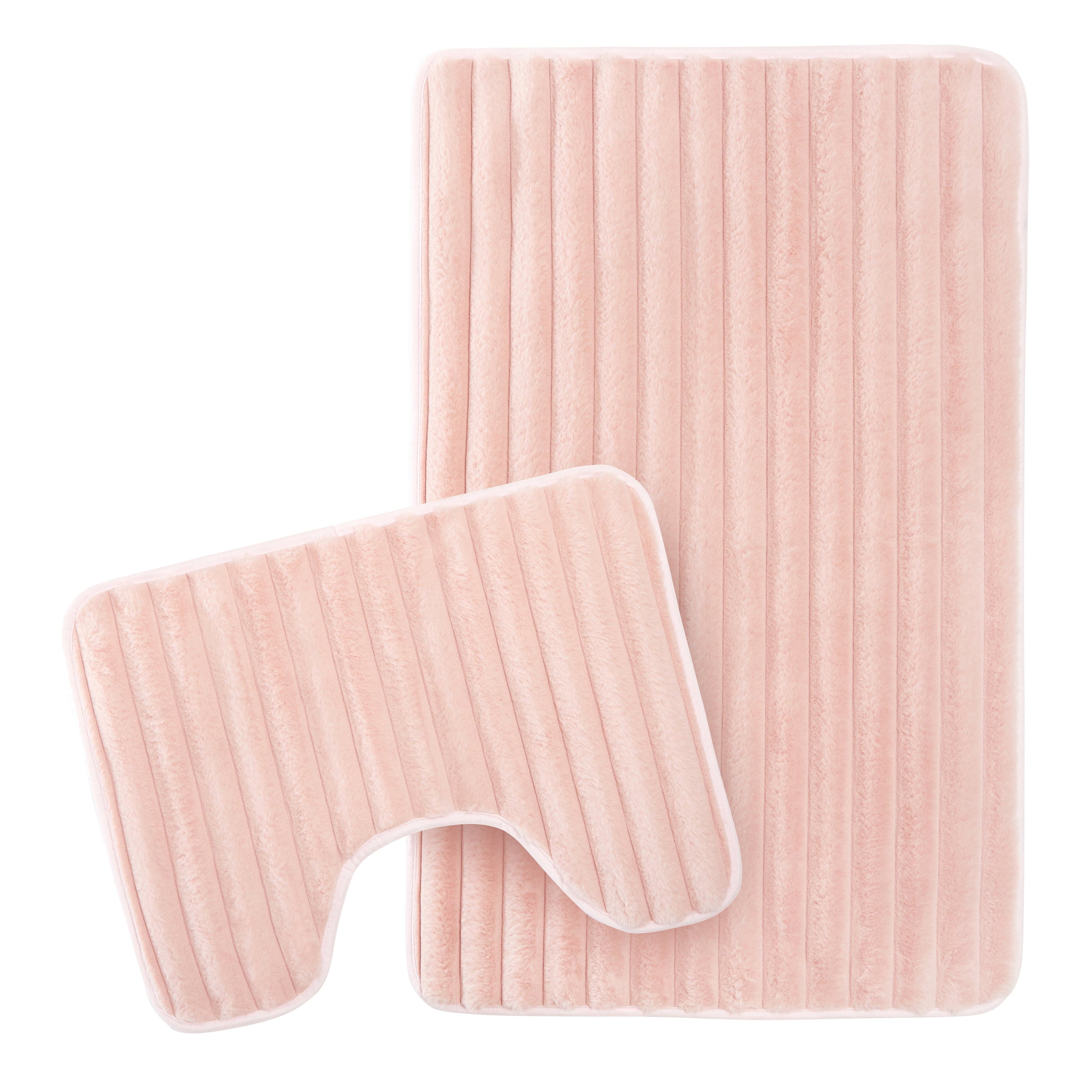 Olivia Rocco 2 Piece Ribbed Bath Mat Set – Pink Non-Slip Absorbent