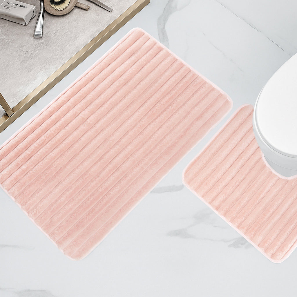 Olivia Rocco 2 Piece Ribbed Bath Mat Set – Pink Non-Slip Absorbent