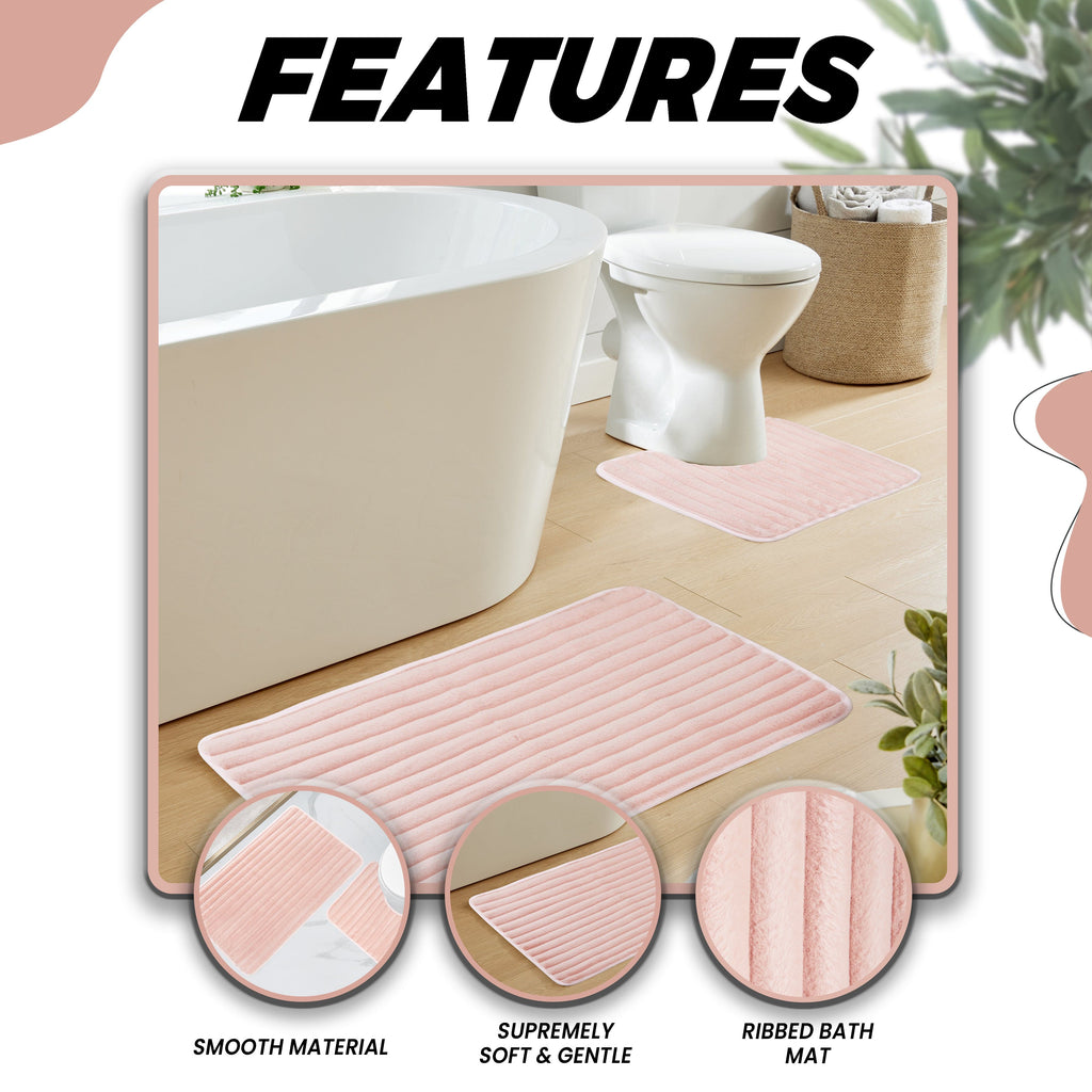 Olivia Rocco 2 Piece Ribbed Bath Mat Set – Pink Non-Slip Absorbent