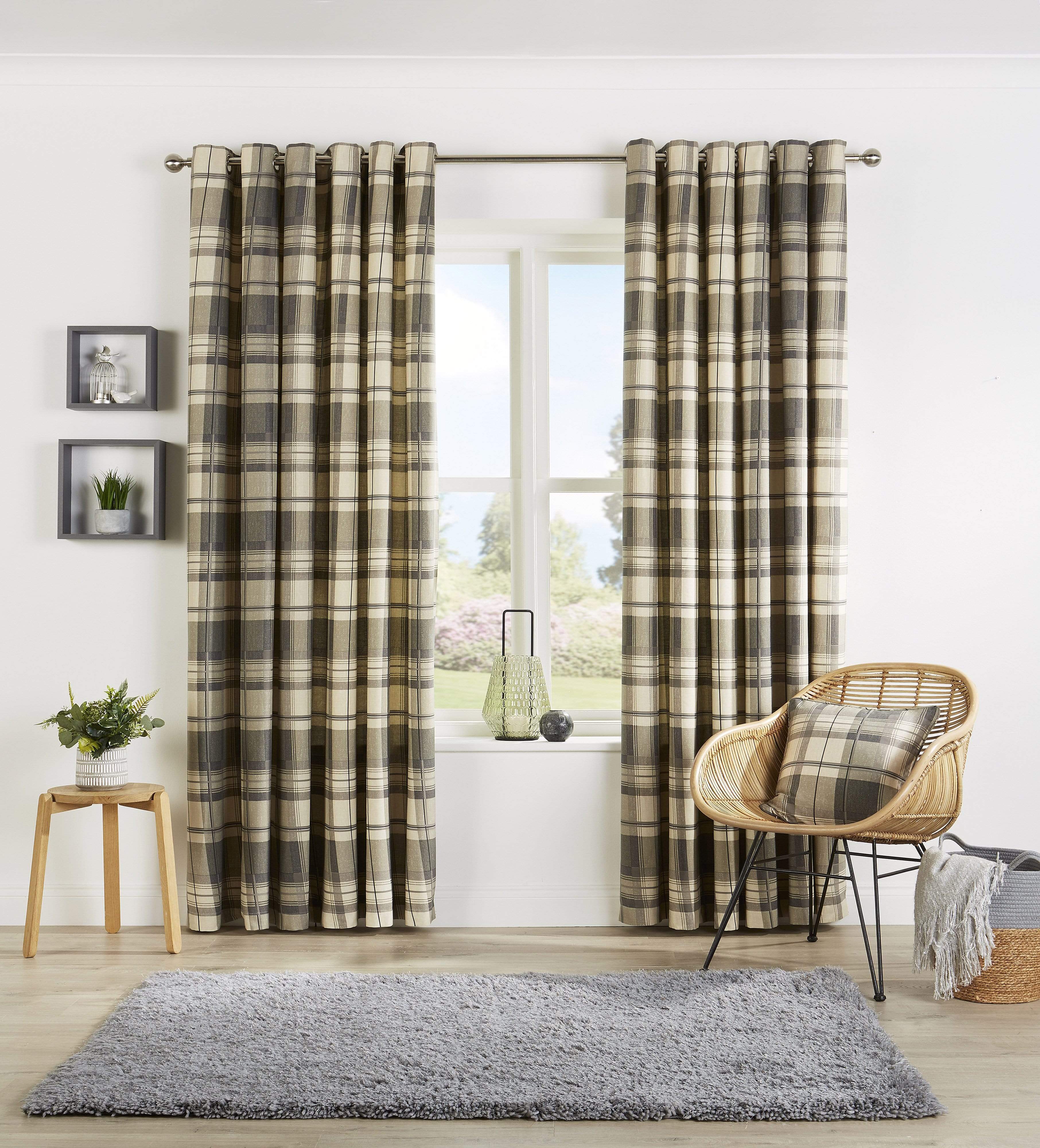 OLIVIA ROCCO Check Eyelet Curtains – Poly Cotton Ochre Grey Window Set