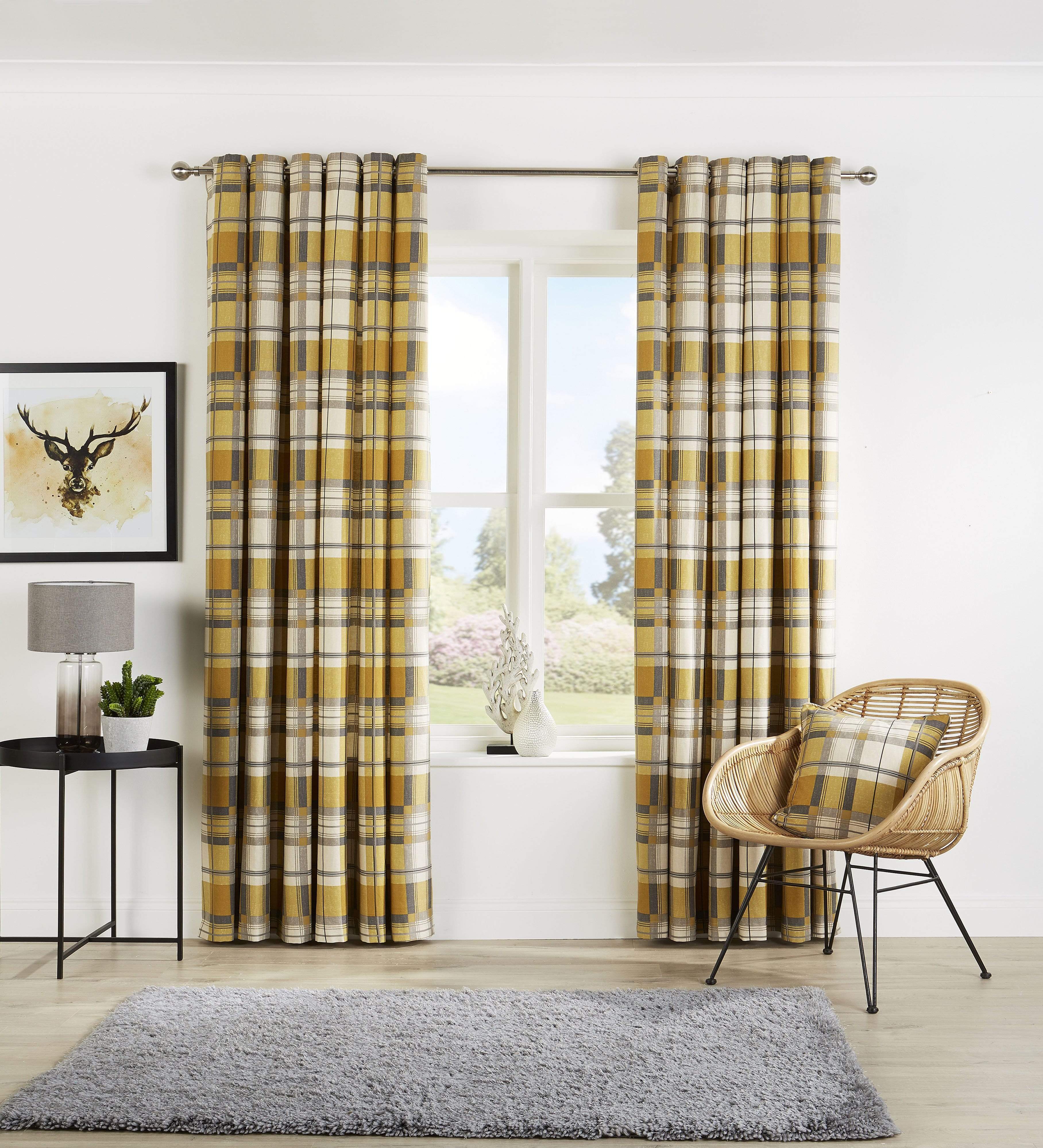 OLIVIA ROCCO Check Eyelet Curtains – Poly Cotton Ochre Grey Window Set