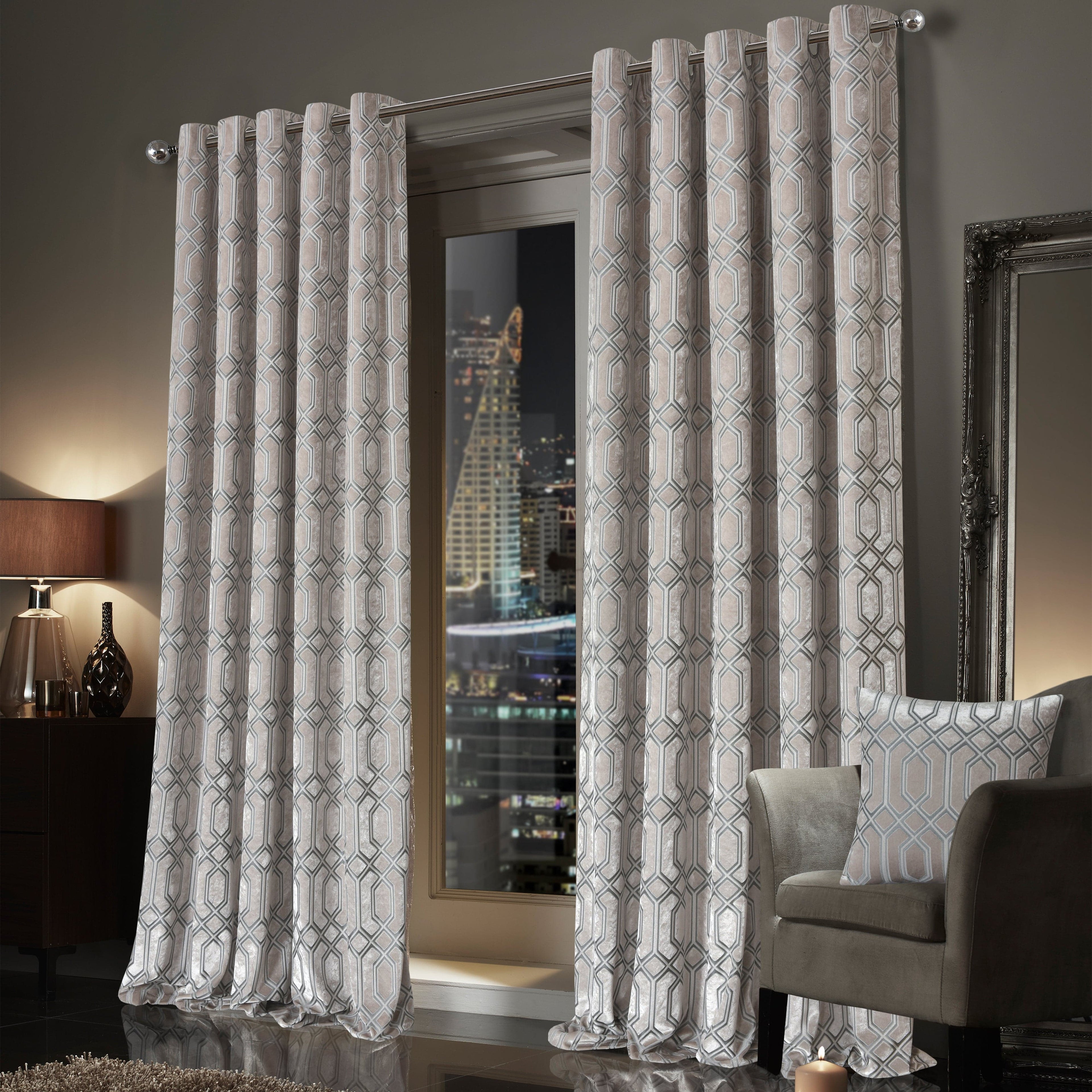 OLIVIA ROCCO Luxe Geo Velvet Eyelet Curtains – Thermal Champagne Drapes