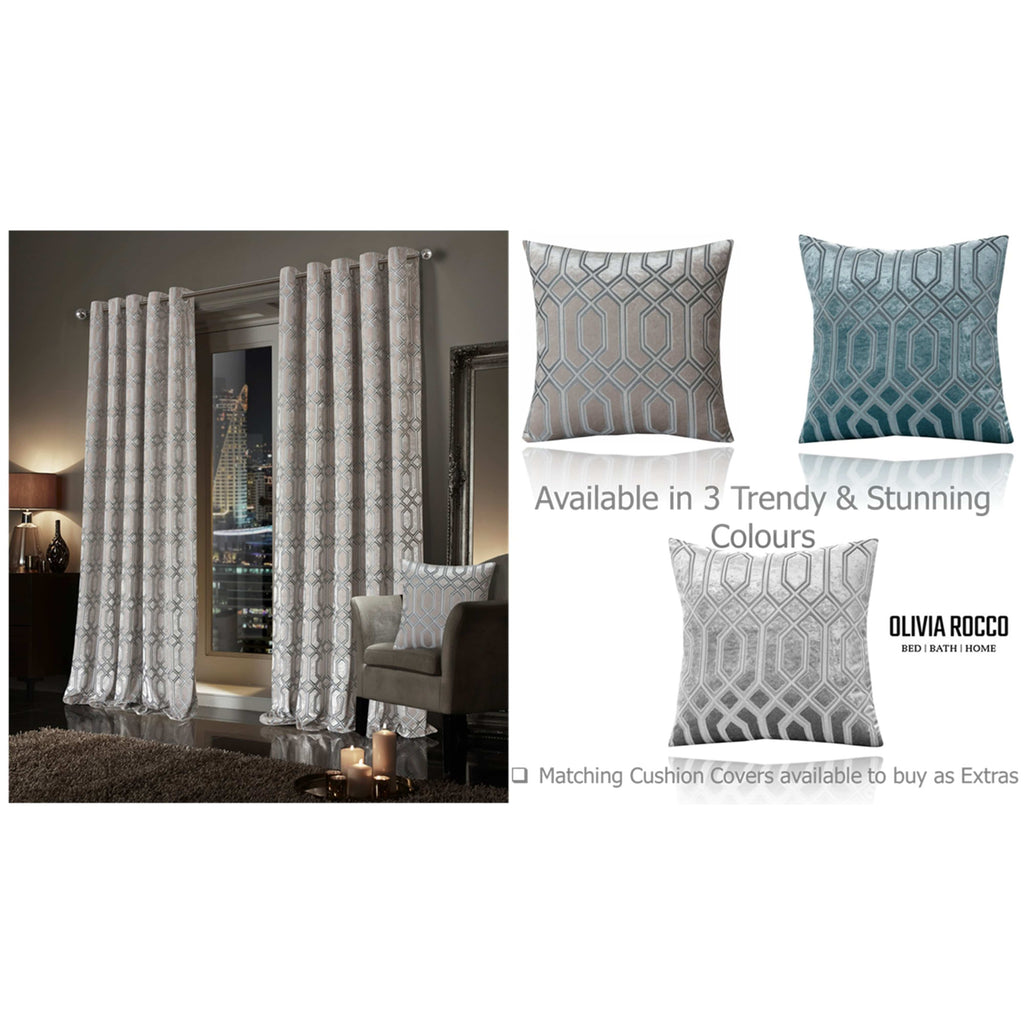 OLIVIA ROCCO Luxe Geo Velvet Eyelet Curtains – Thermal Champagne Drapes