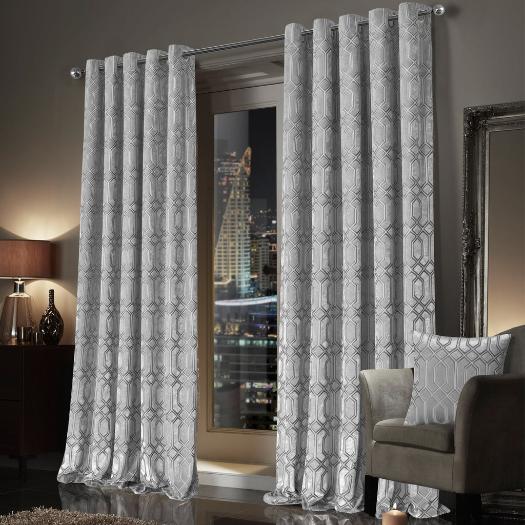 OLIVIA ROCCO Luxe Geo Velvet Eyelet Curtains – Grey Thermal Drapes