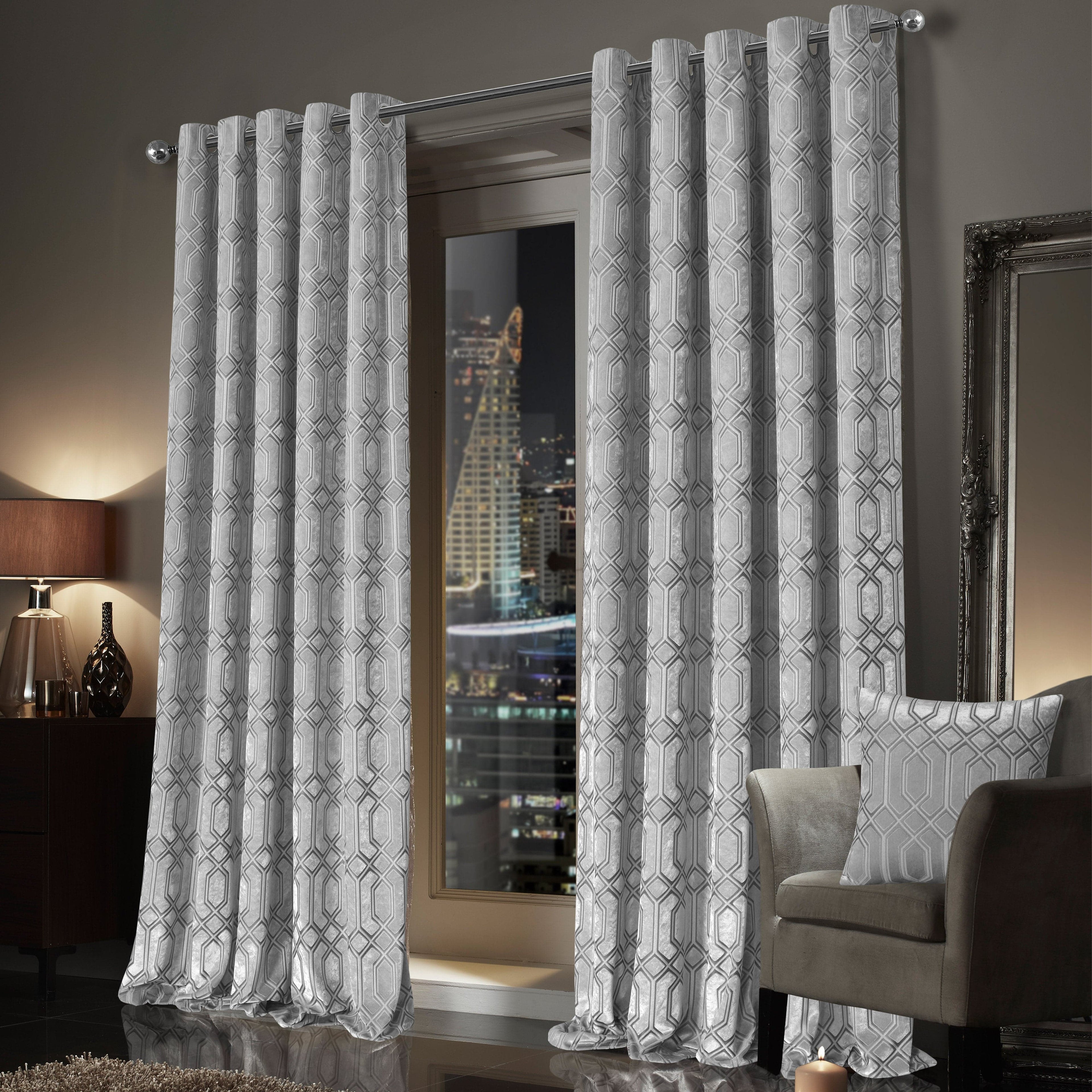 OLIVIA ROCCO Luxe Geo Velvet Eyelet Curtains – Grey Thermal Drapes