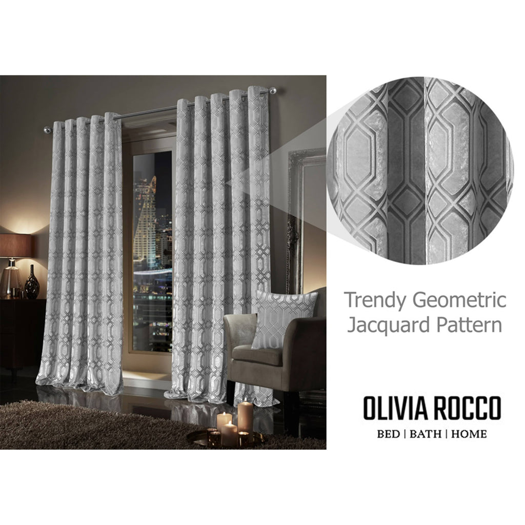 OLIVIA ROCCO Luxe Geo Velvet Eyelet Curtains – Grey Thermal Drapes