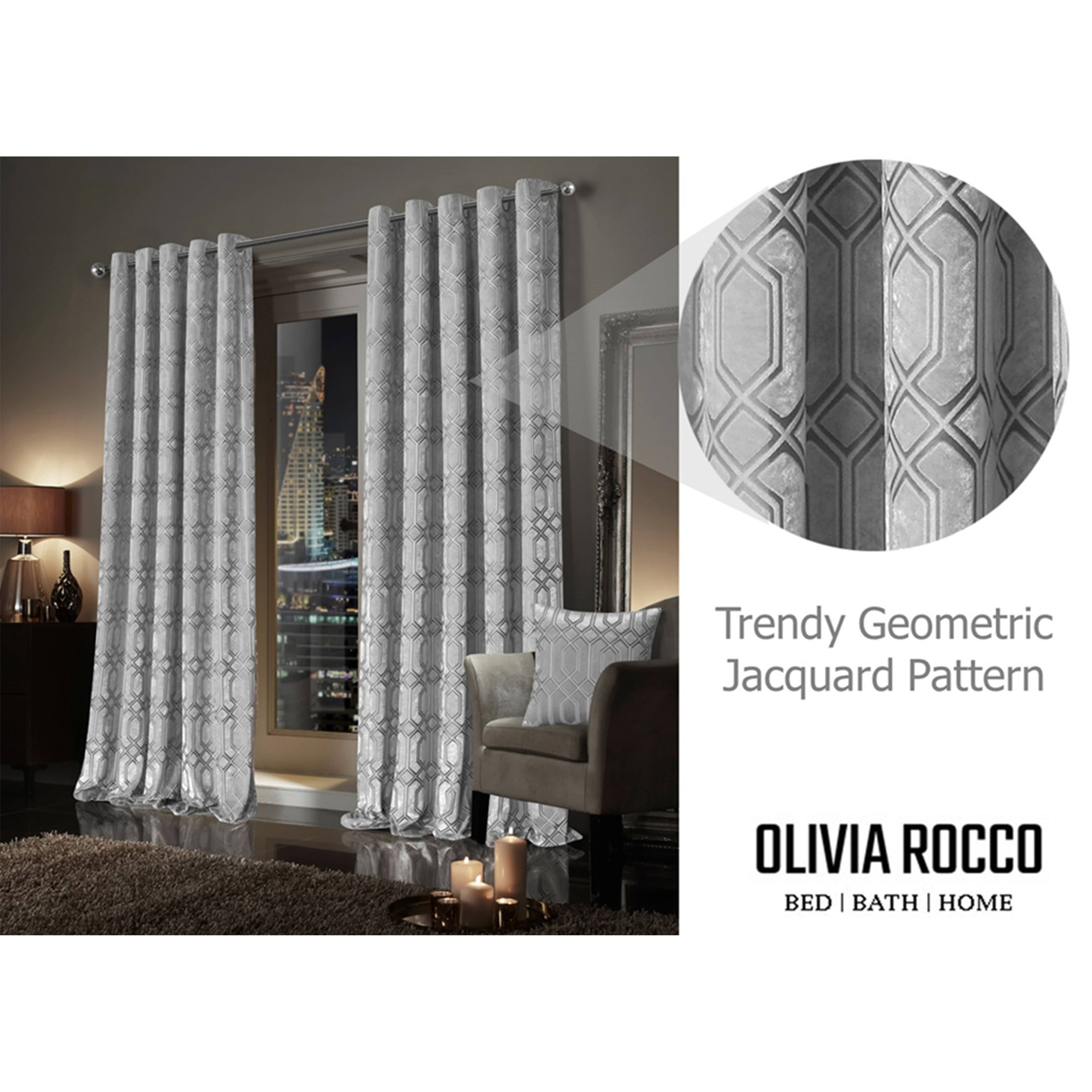 OLIVIA ROCCO Luxe Geo Velvet Eyelet Curtains – Grey Thermal Drapes