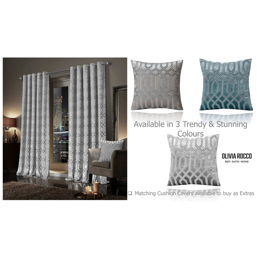 OLIVIA ROCCO Luxe Geo Velvet Eyelet Curtains – Grey Thermal Drapes