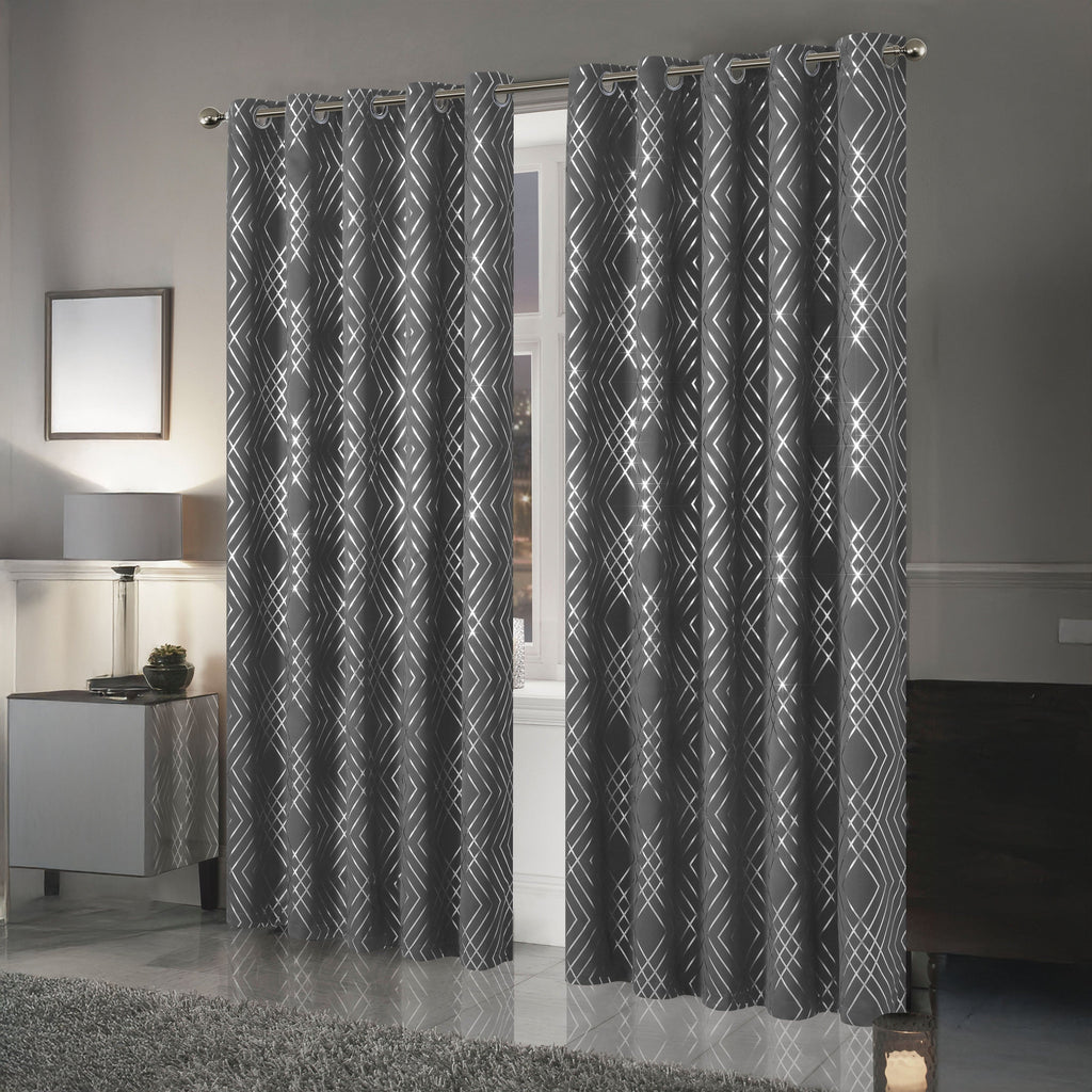 OLIVIA ROCCO Geometric Blackout Curtains – Silver Thermal Eyelet Drapes