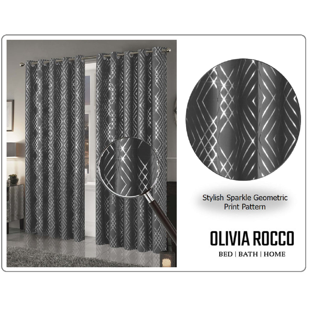 OLIVIA ROCCO Geometric Blackout Curtains – Silver Thermal Eyelet Drapes