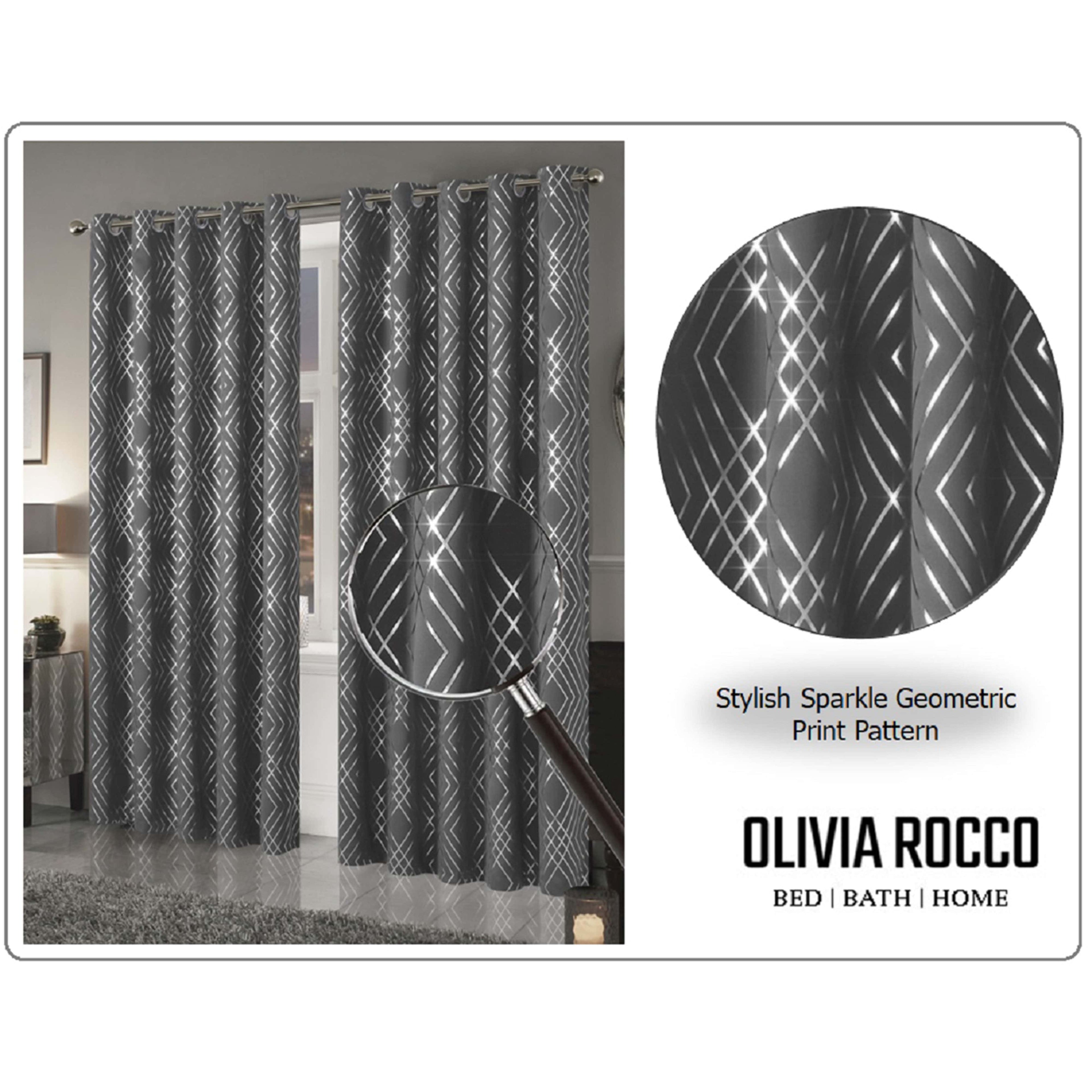 OLIVIA ROCCO Geometric Blackout Curtains – Silver Thermal Eyelet Drapes