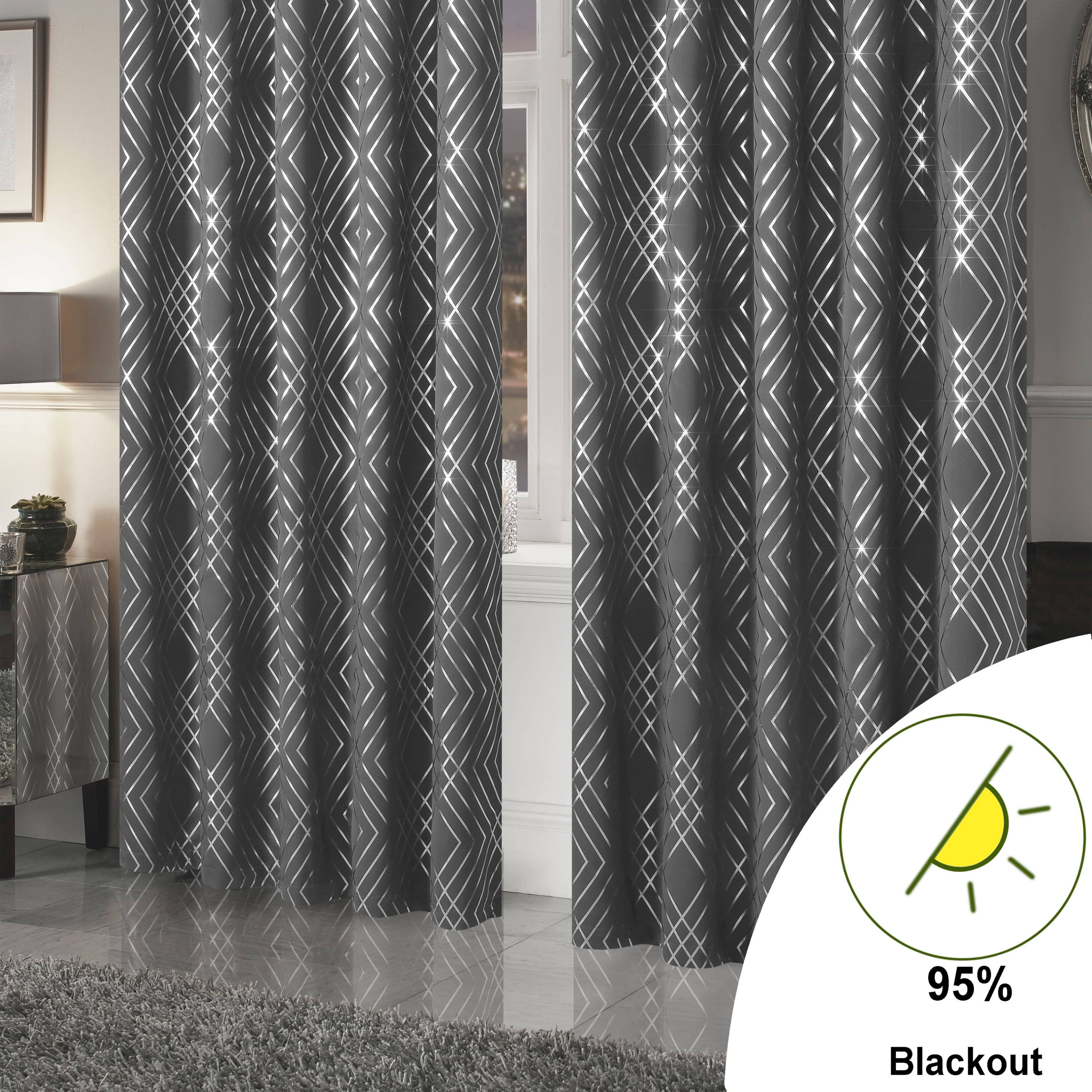 OLIVIA ROCCO Geometric Blackout Curtains – Silver Thermal Eyelet Drapes