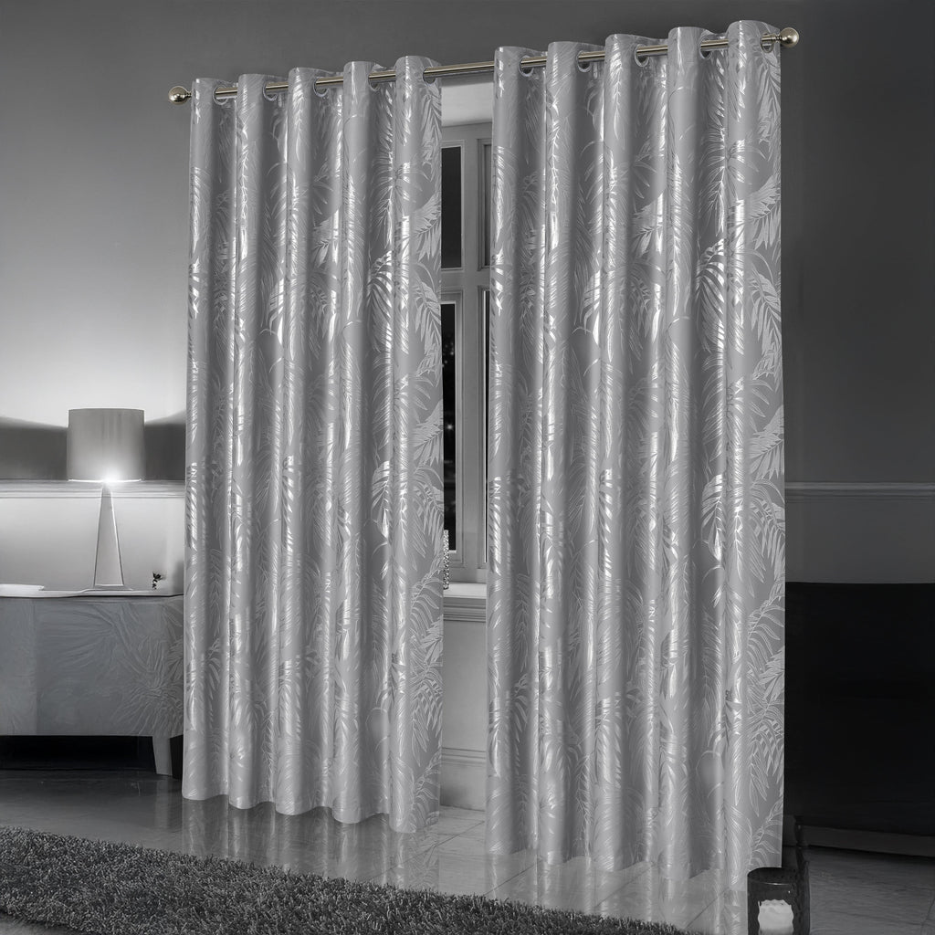 OLIVIA ROCCO Leaf Silver Blackout Curtains – Thermal Eyelet Drapes (Pair)