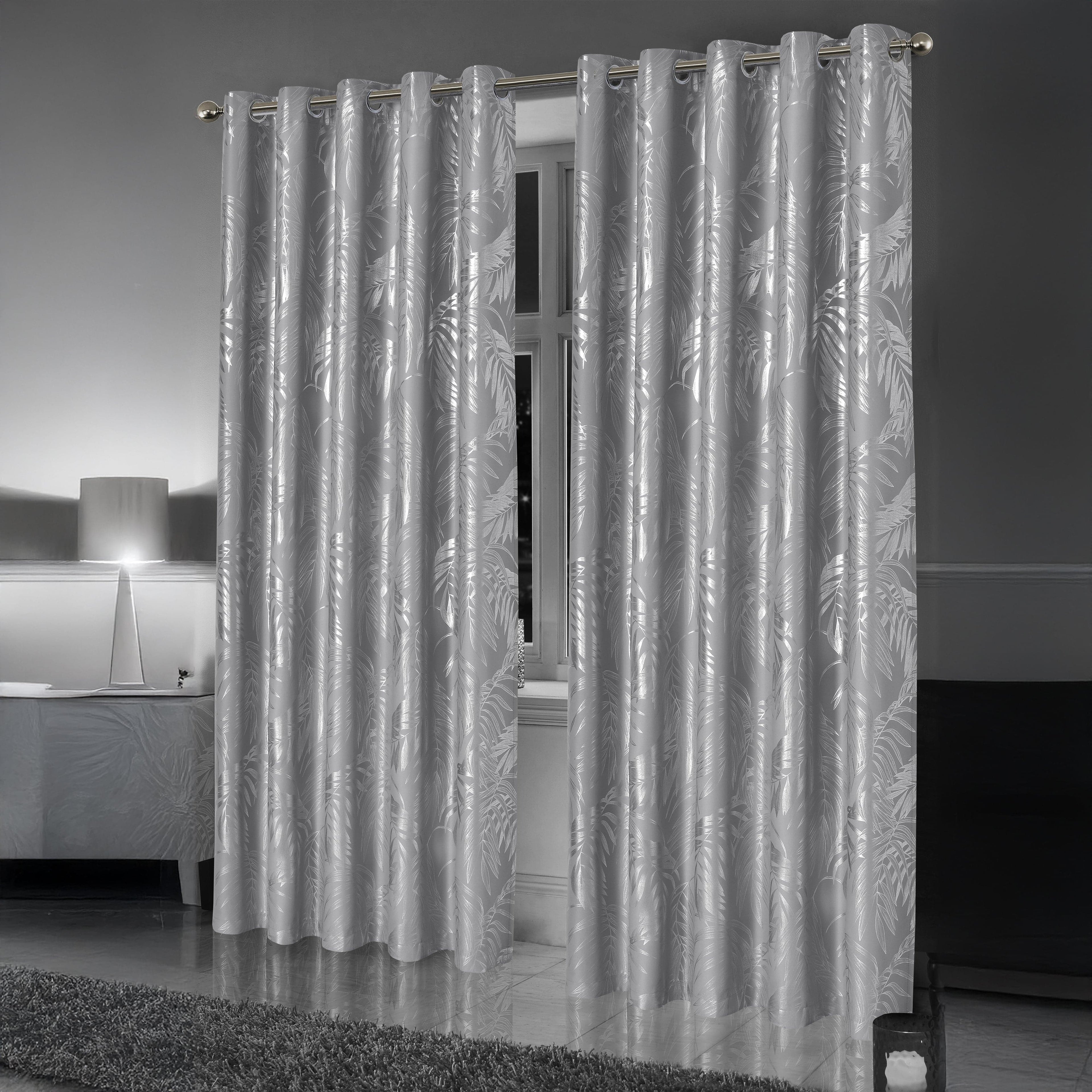 OLIVIA ROCCO Leaf Silver Blackout Curtains – Thermal Eyelet Drapes (Pair)