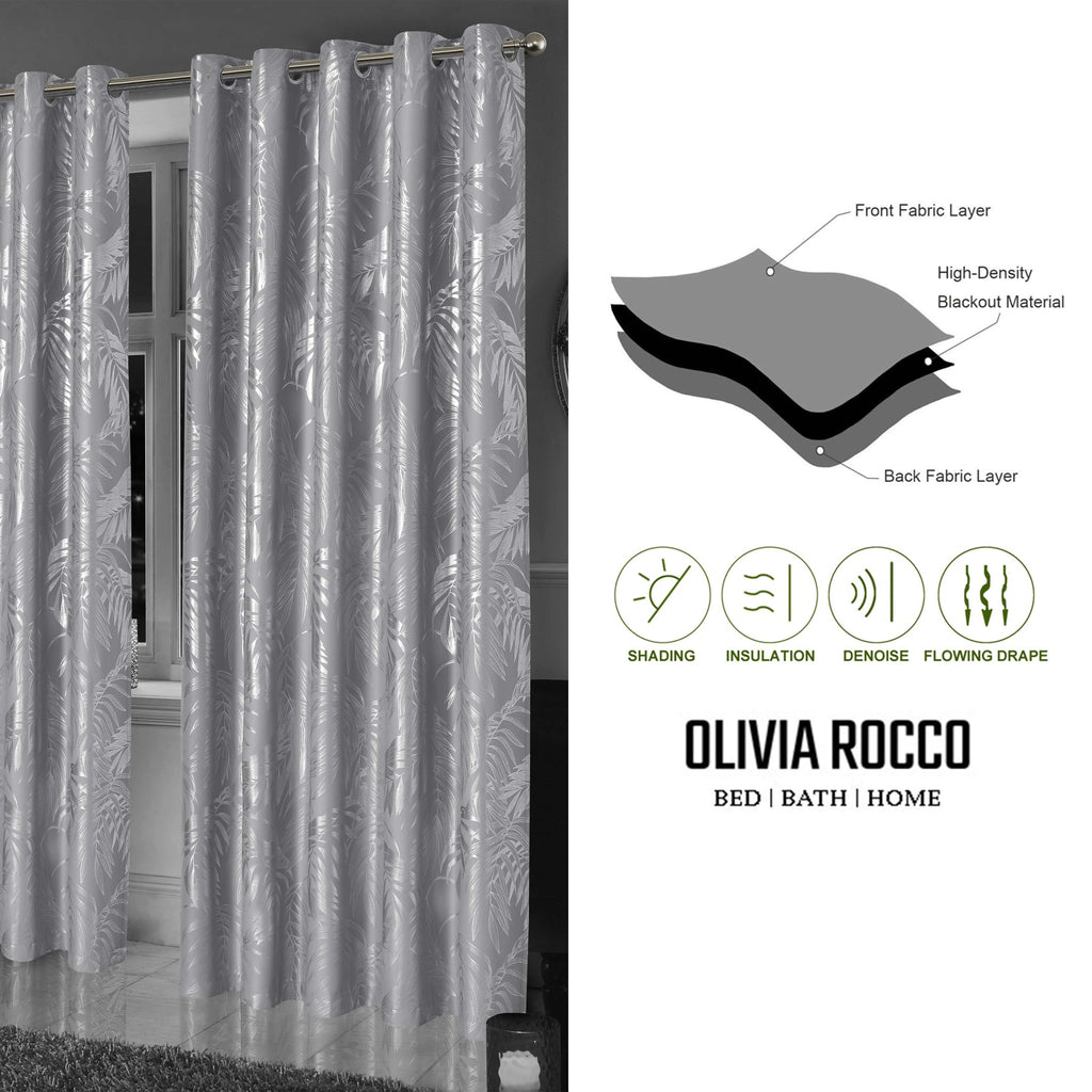 OLIVIA ROCCO Leaf Silver Blackout Curtains – Thermal Eyelet Drapes (Pair)