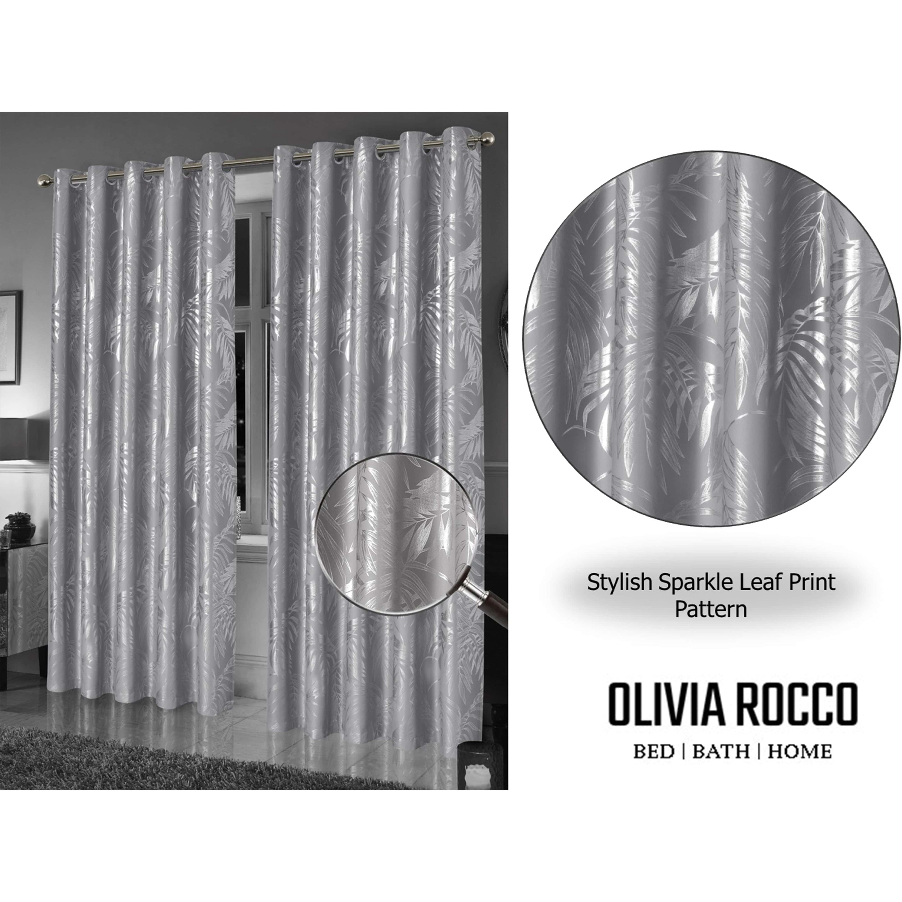 OLIVIA ROCCO Leaf Silver Blackout Curtains – Thermal Eyelet Drapes (Pair)