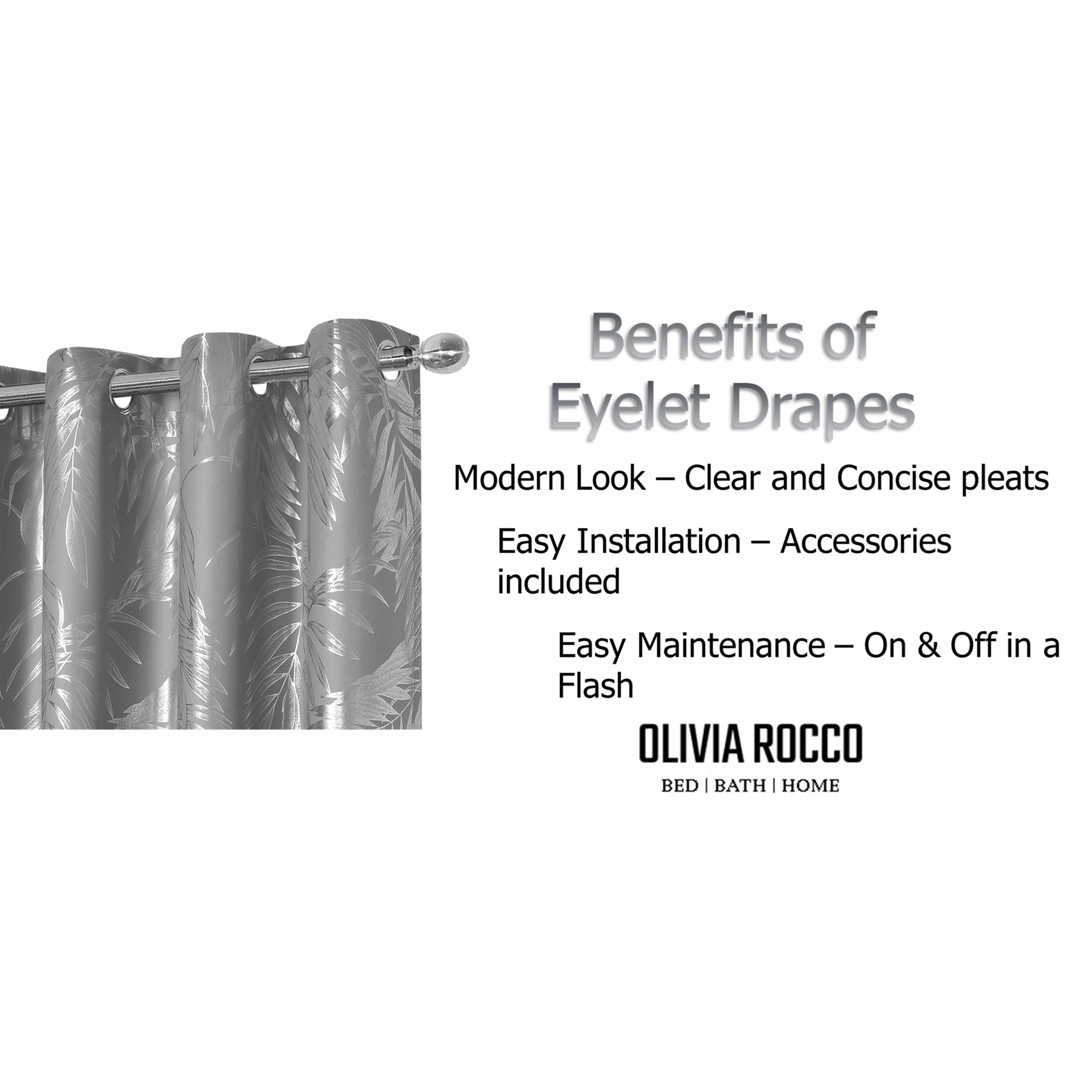 OLIVIA ROCCO Leaf Silver Blackout Curtains – Thermal Eyelet Drapes (Pair)