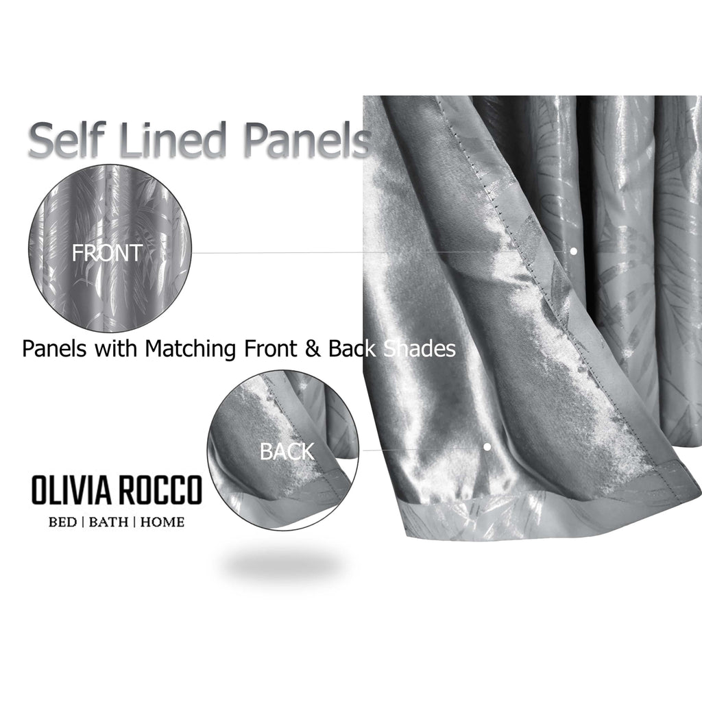 OLIVIA ROCCO Leaf Silver Blackout Curtains – Thermal Eyelet Drapes (Pair)