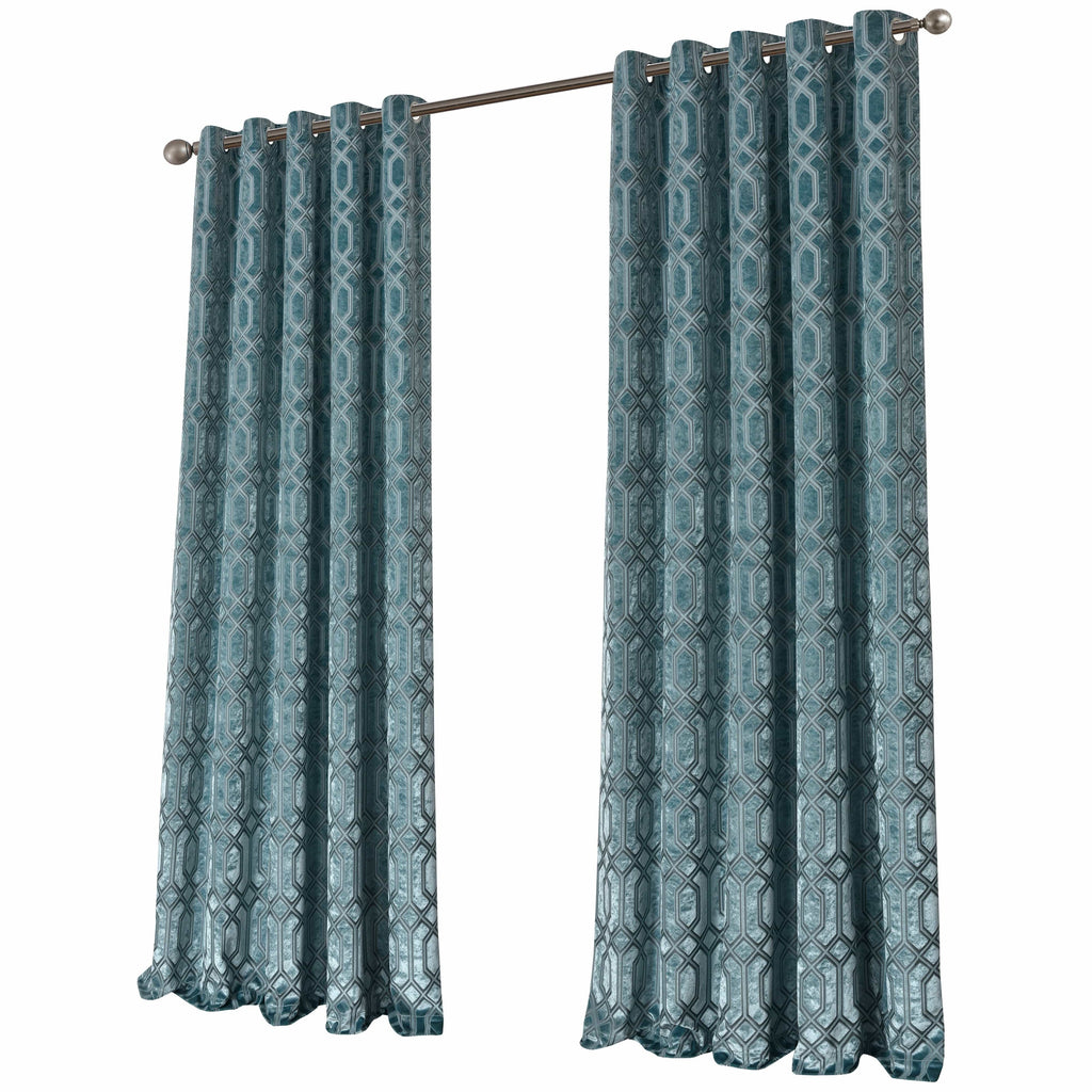 OLIVIA ROCCO Luxe Geo Velvet Eyelet Curtains – Teal Thermal Blackout Drapes