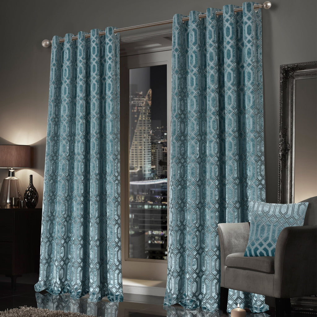 OLIVIA ROCCO Luxe Geo Velvet Eyelet Curtains – Teal Thermal Blackout Drapes