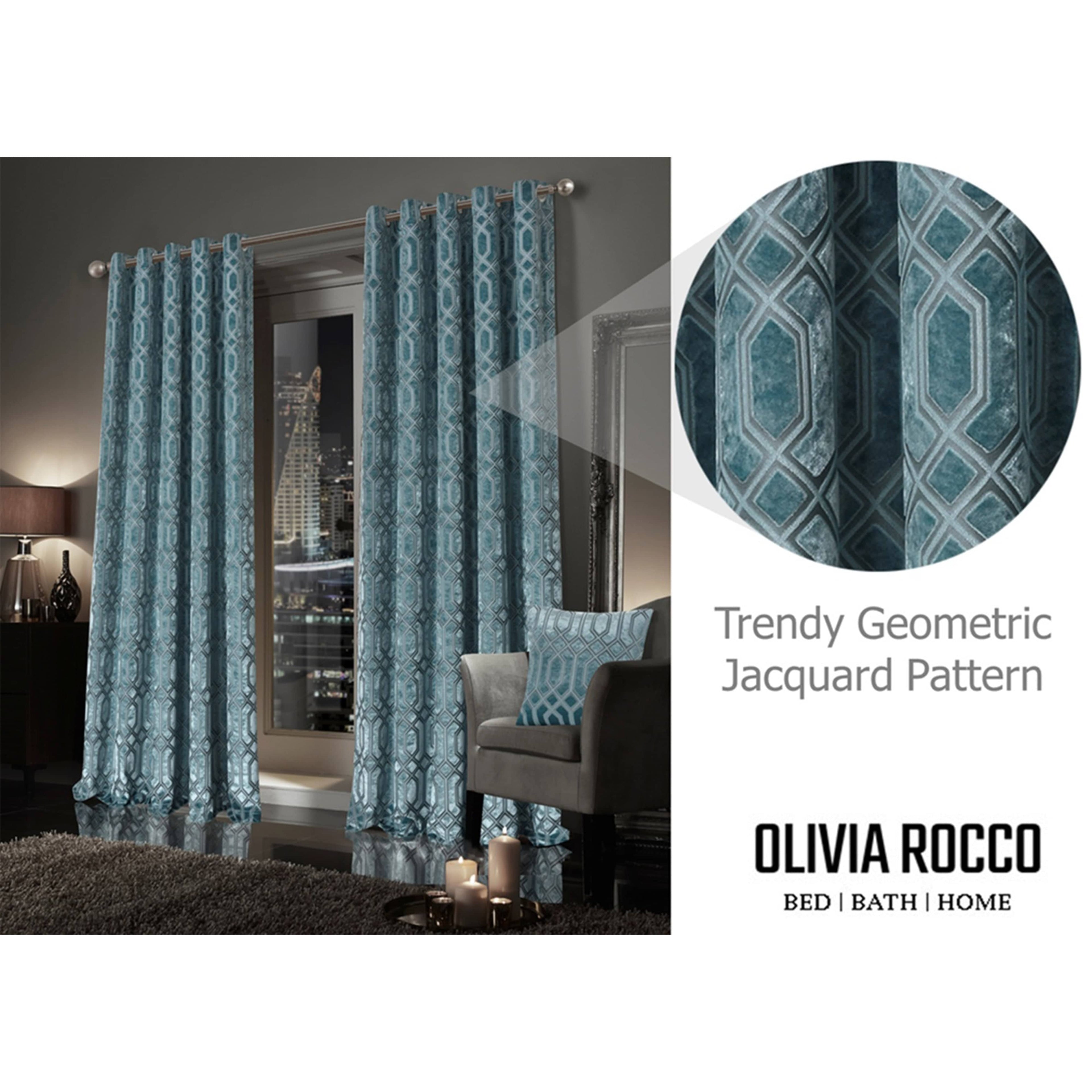 OLIVIA ROCCO Luxe Geo Velvet Eyelet Curtains – Teal Thermal Blackout Drapes