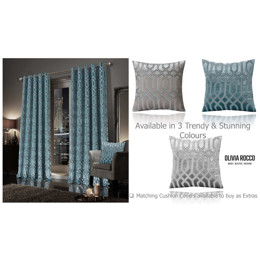 OLIVIA ROCCO Luxe Geo Velvet Eyelet Curtains – Teal Thermal Blackout Drapes