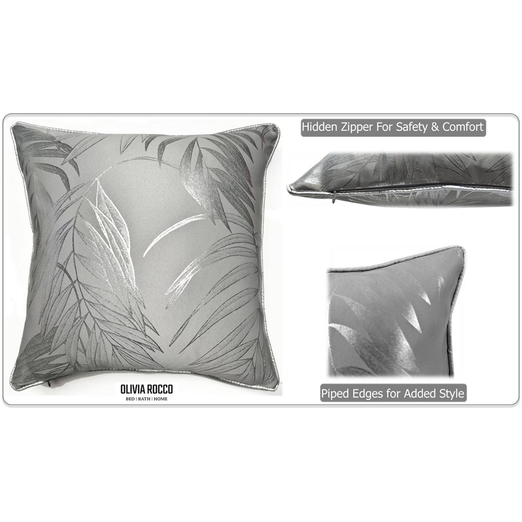OLIVIA ROCCO Leaf Sparkle Cushion Covers – 2 Pack Silver Throw Pillow Cases