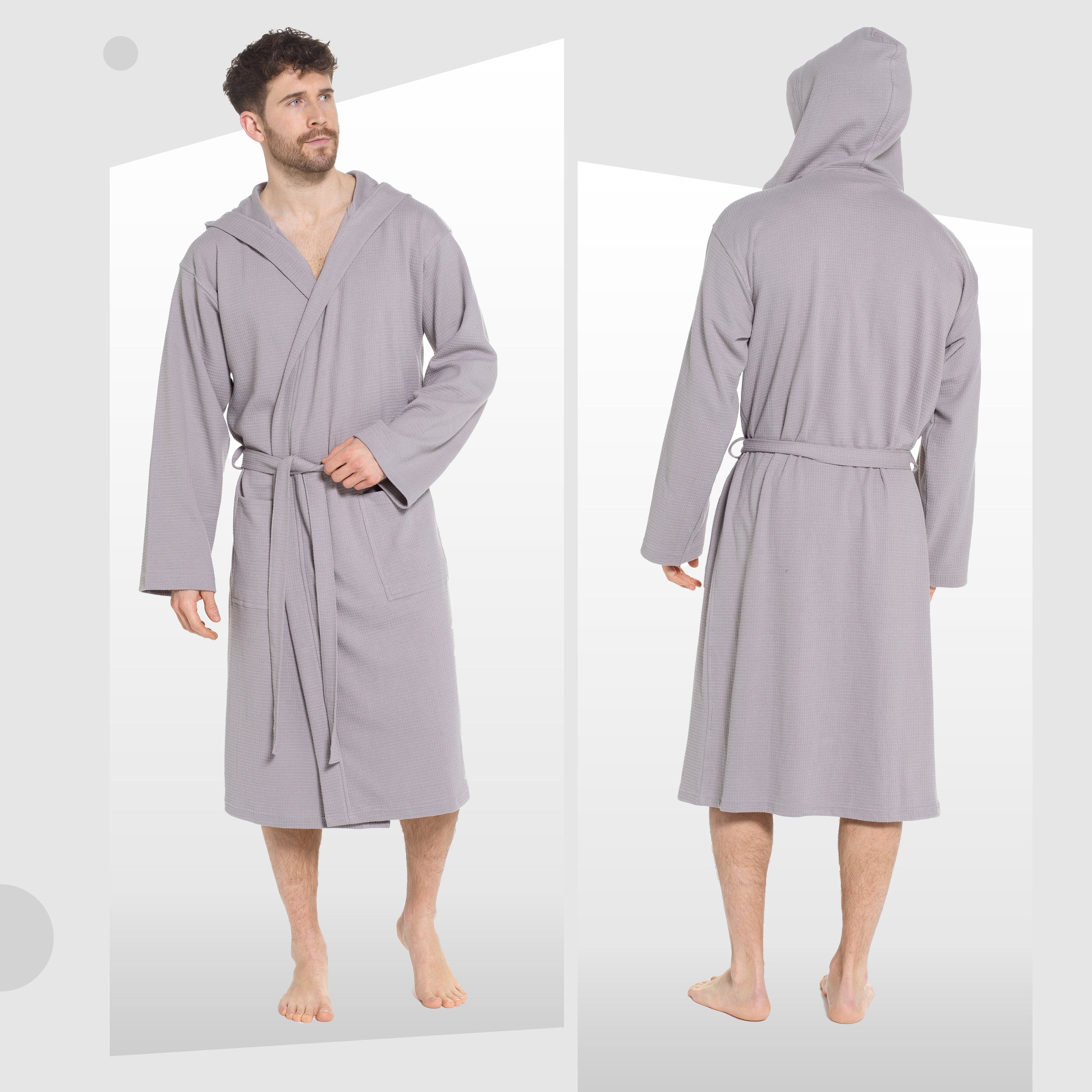 OLIVIA ROCCO Men's Hooded Waffle Cotton Bathrobe – Grey Spa Robe
