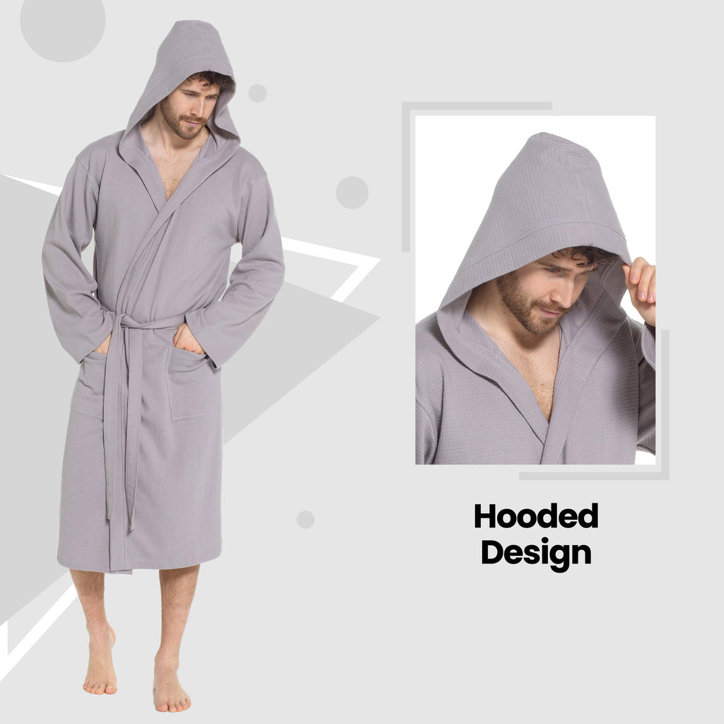 OLIVIA ROCCO Men's Hooded Waffle Cotton Bathrobe – Grey Spa Robe