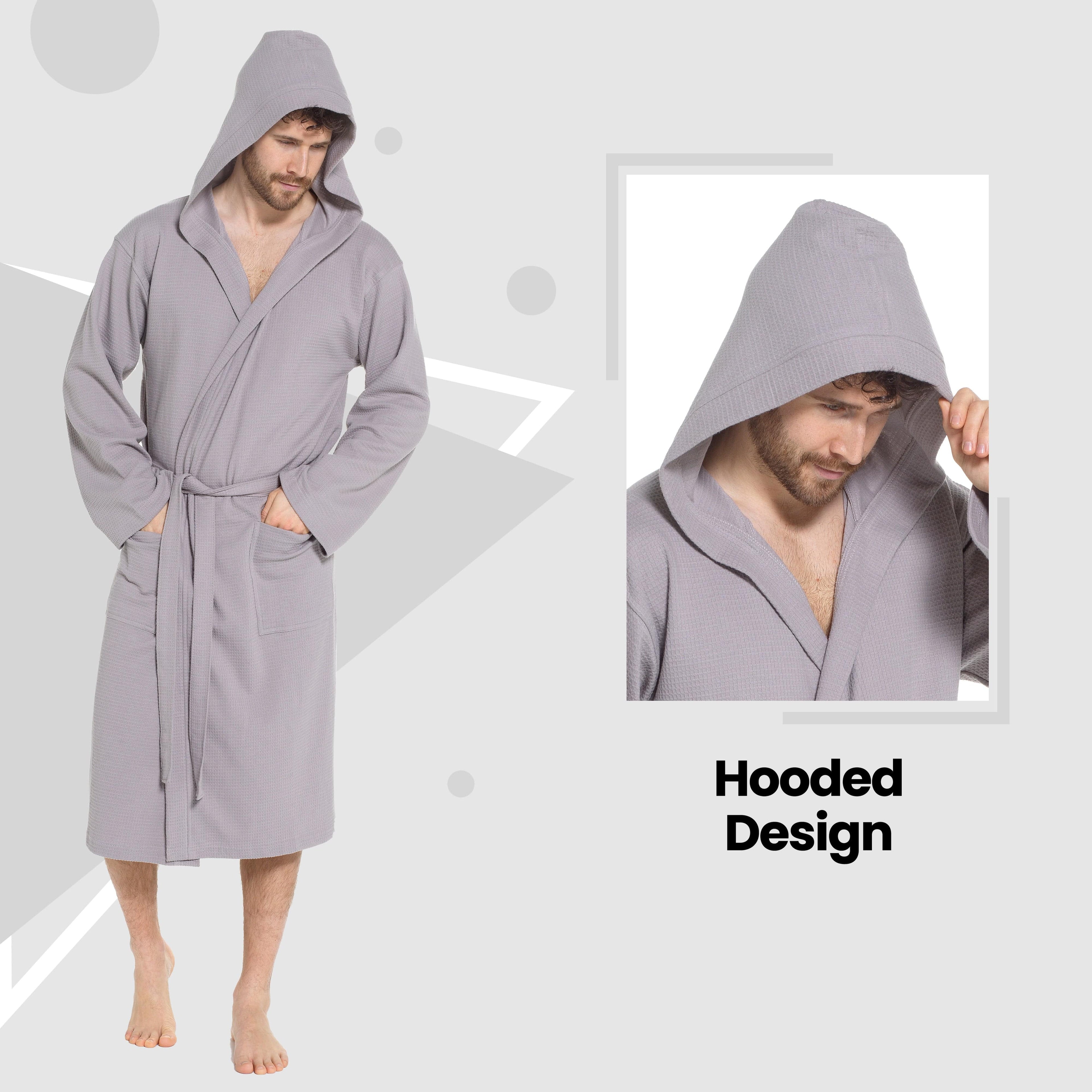 OLIVIA ROCCO Men's Hooded Waffle Cotton Bathrobe – Grey Spa Robe