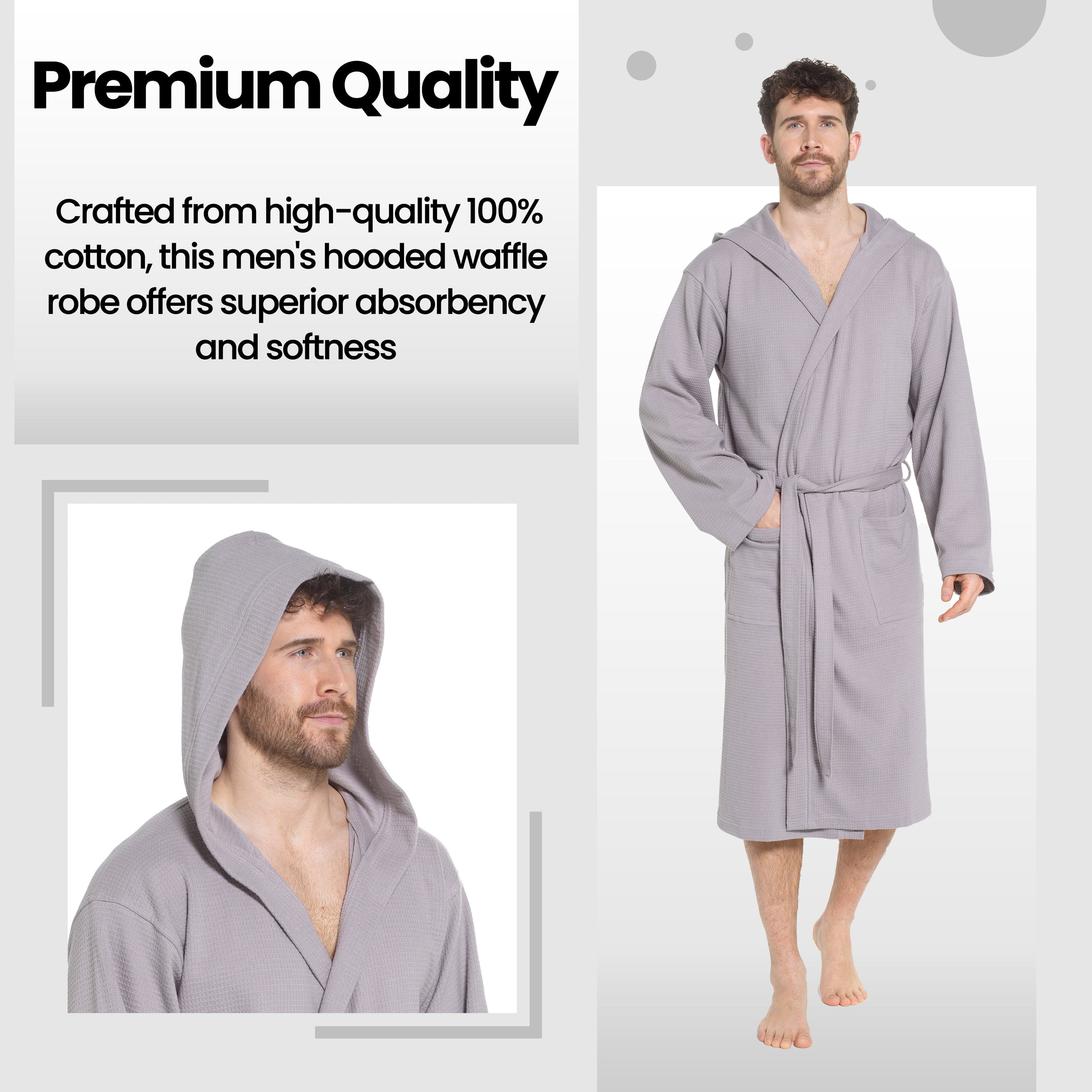 OLIVIA ROCCO Men's Hooded Waffle Cotton Bathrobe – Grey Spa Robe
