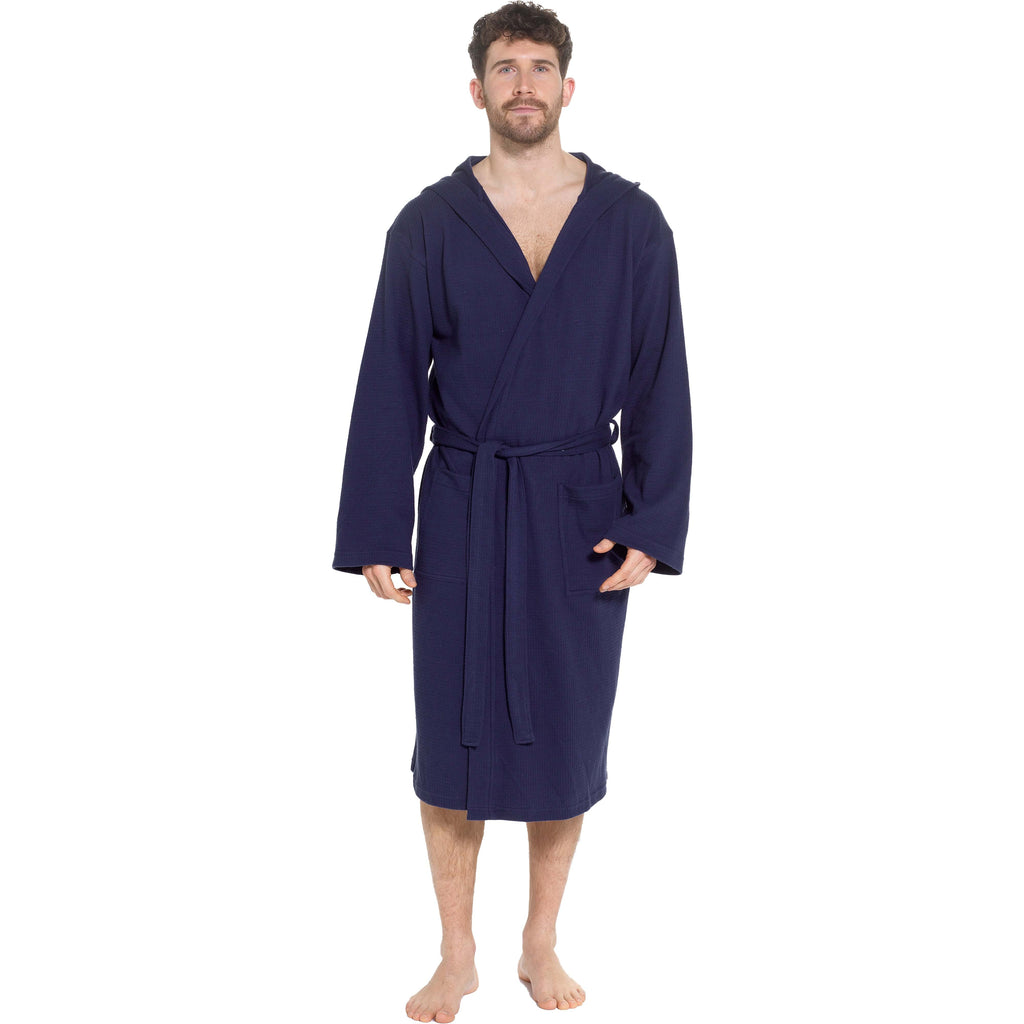 OLIVIA ROCCO Men's Hooded Waffle Cotton Bathrobe – Navy Spa Dressing Gown