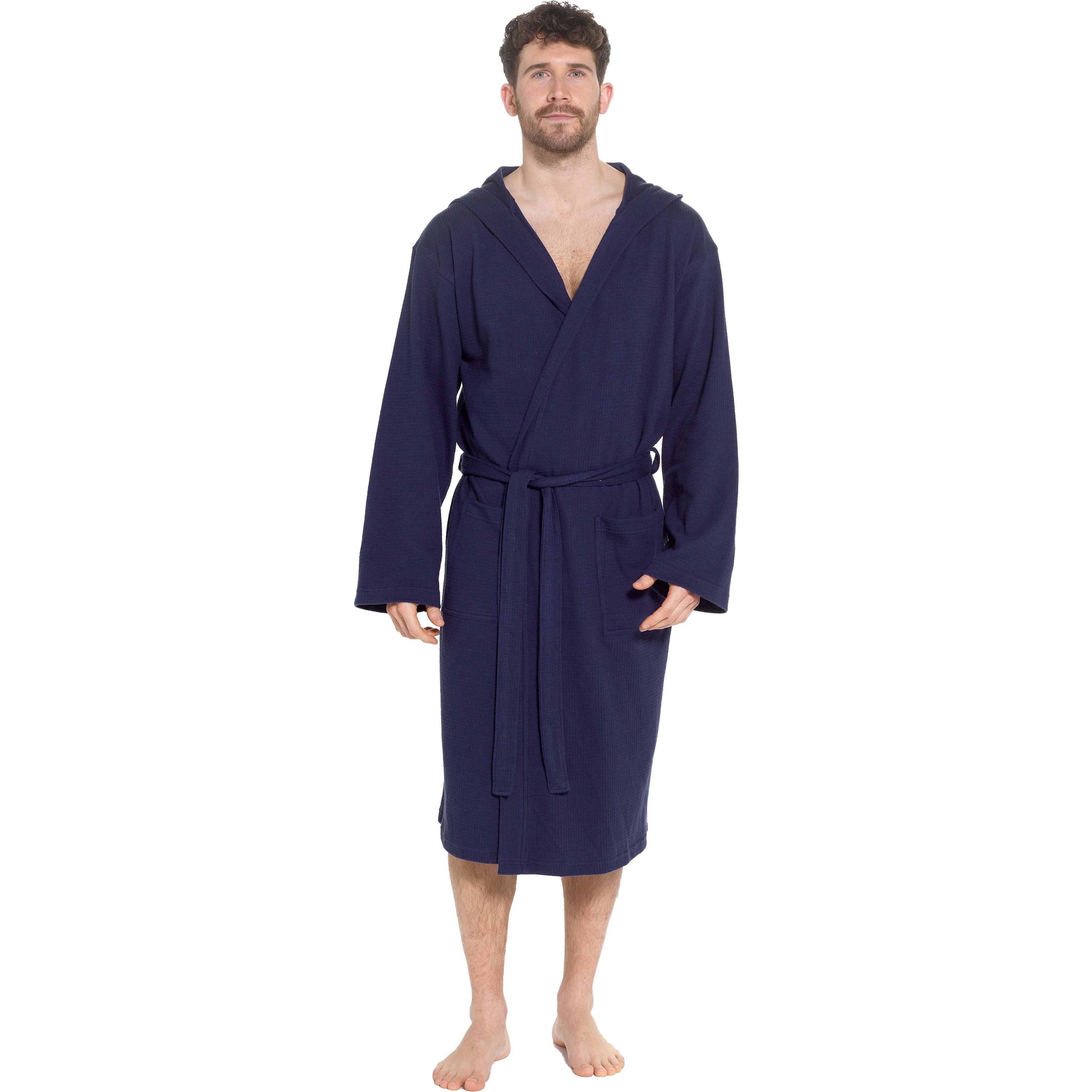 OLIVIA ROCCO Men's Hooded Waffle Cotton Bathrobe – Navy Spa Dressing Gown