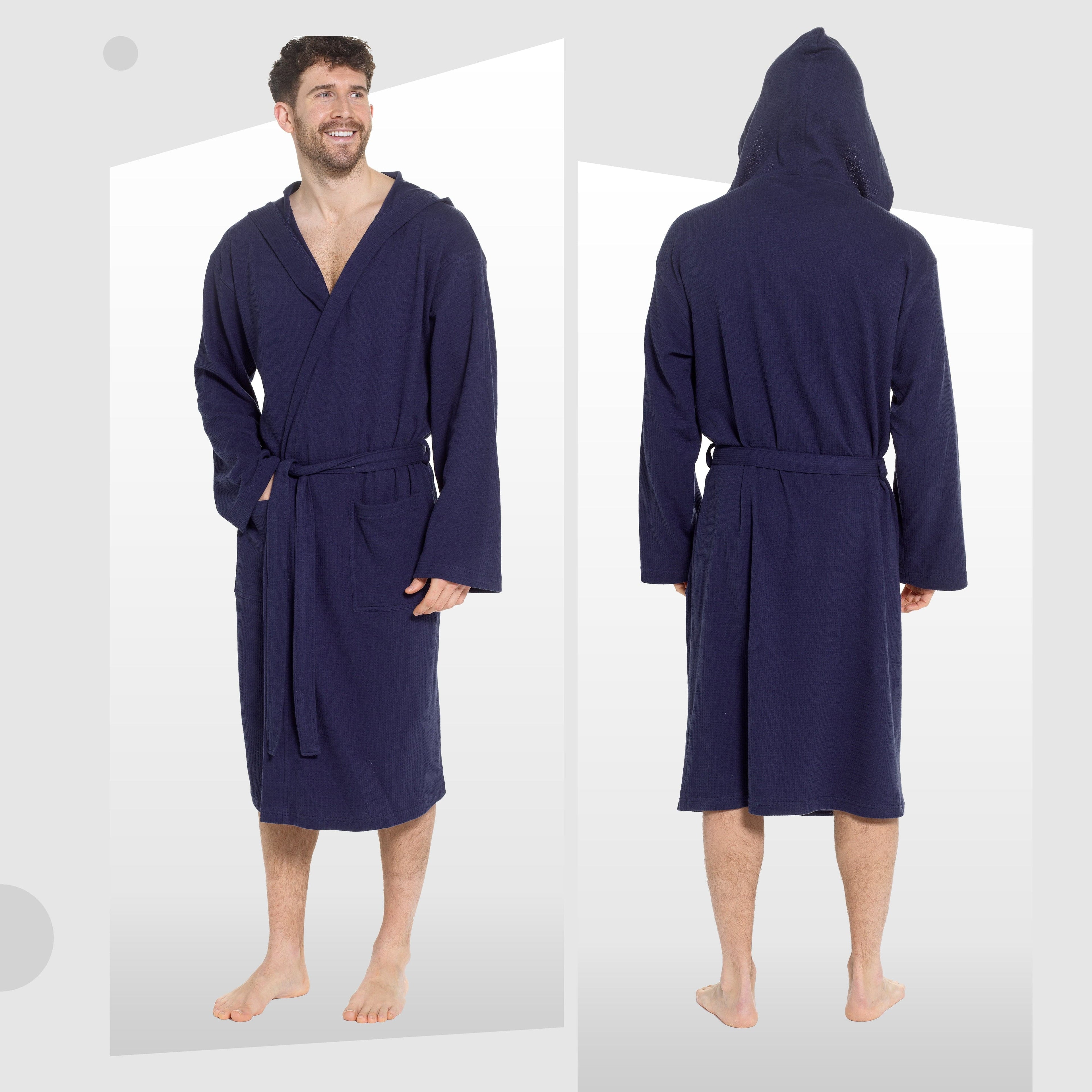 OLIVIA ROCCO Men's Hooded Waffle Cotton Bathrobe – Navy Spa Dressing Gown