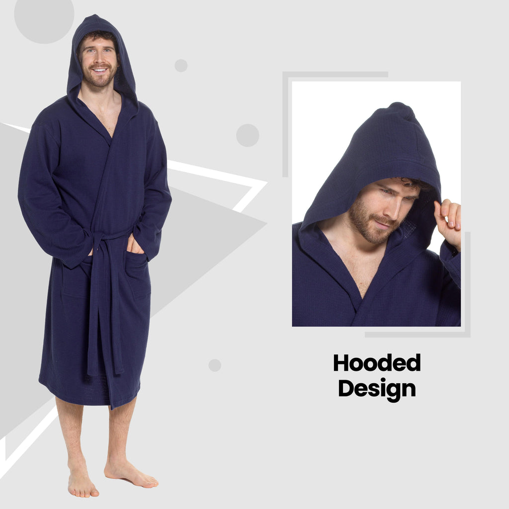 OLIVIA ROCCO Men's Hooded Waffle Cotton Bathrobe – Navy Spa Dressing Gown