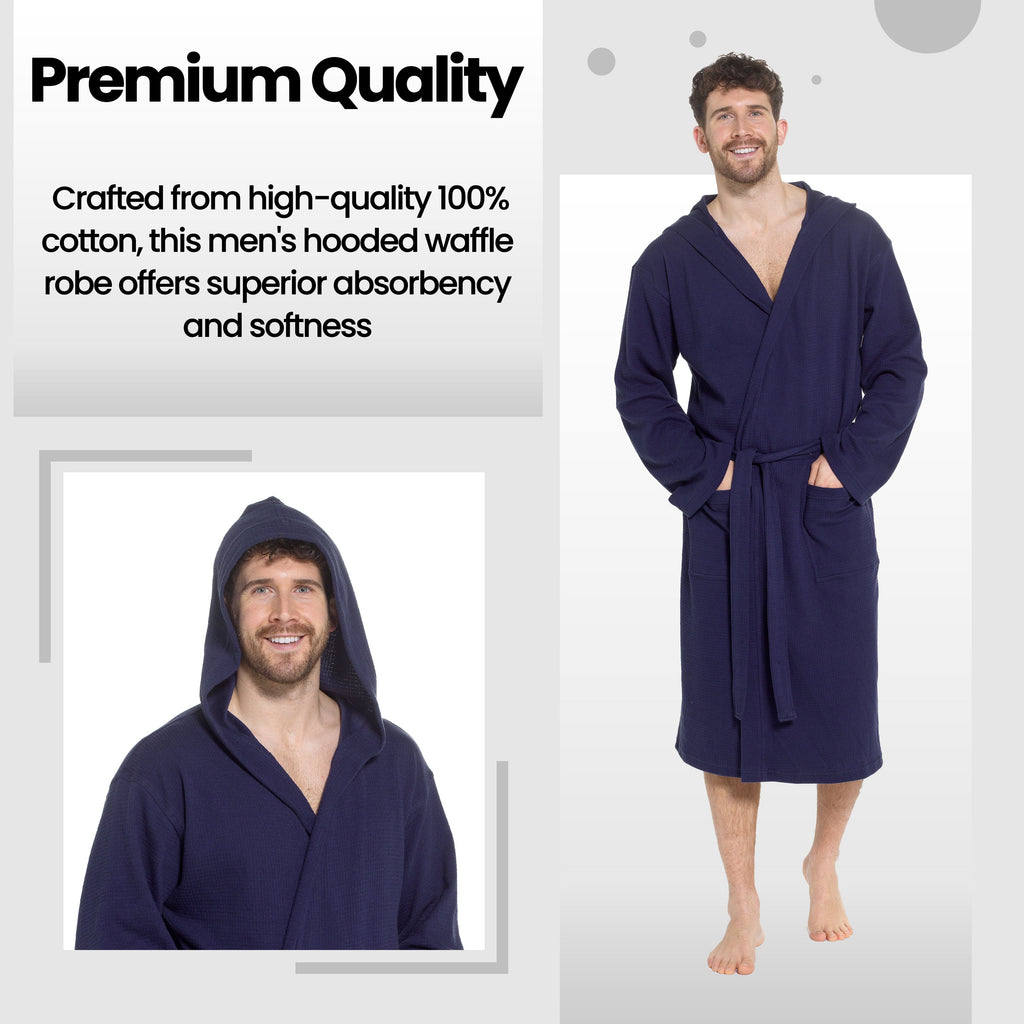 OLIVIA ROCCO Men's Hooded Waffle Cotton Bathrobe – Navy Spa Dressing Gown