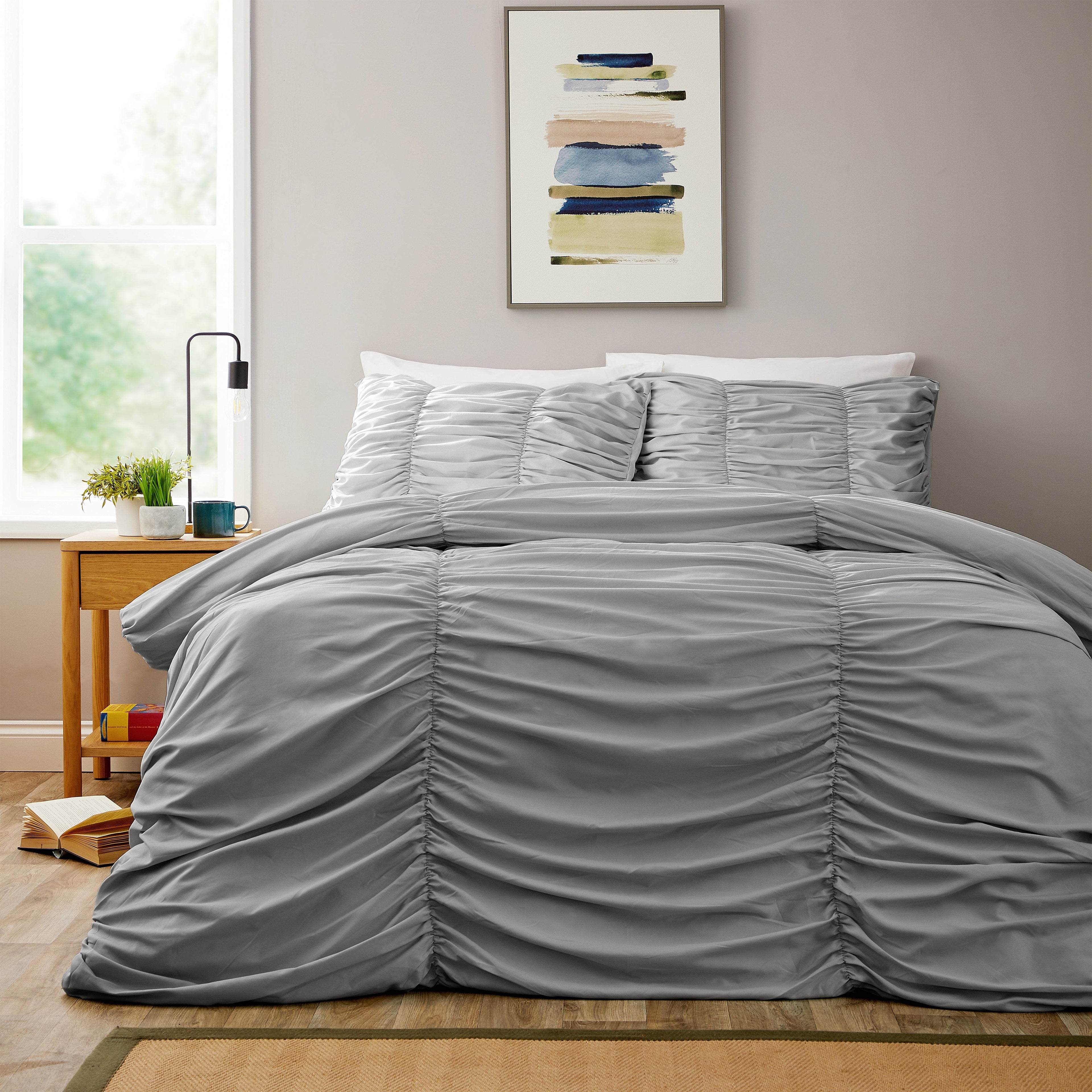 OLIVIA ROCCO Ruched Grey Microfibre Duvet Cover Set | Ruffle Bedding
