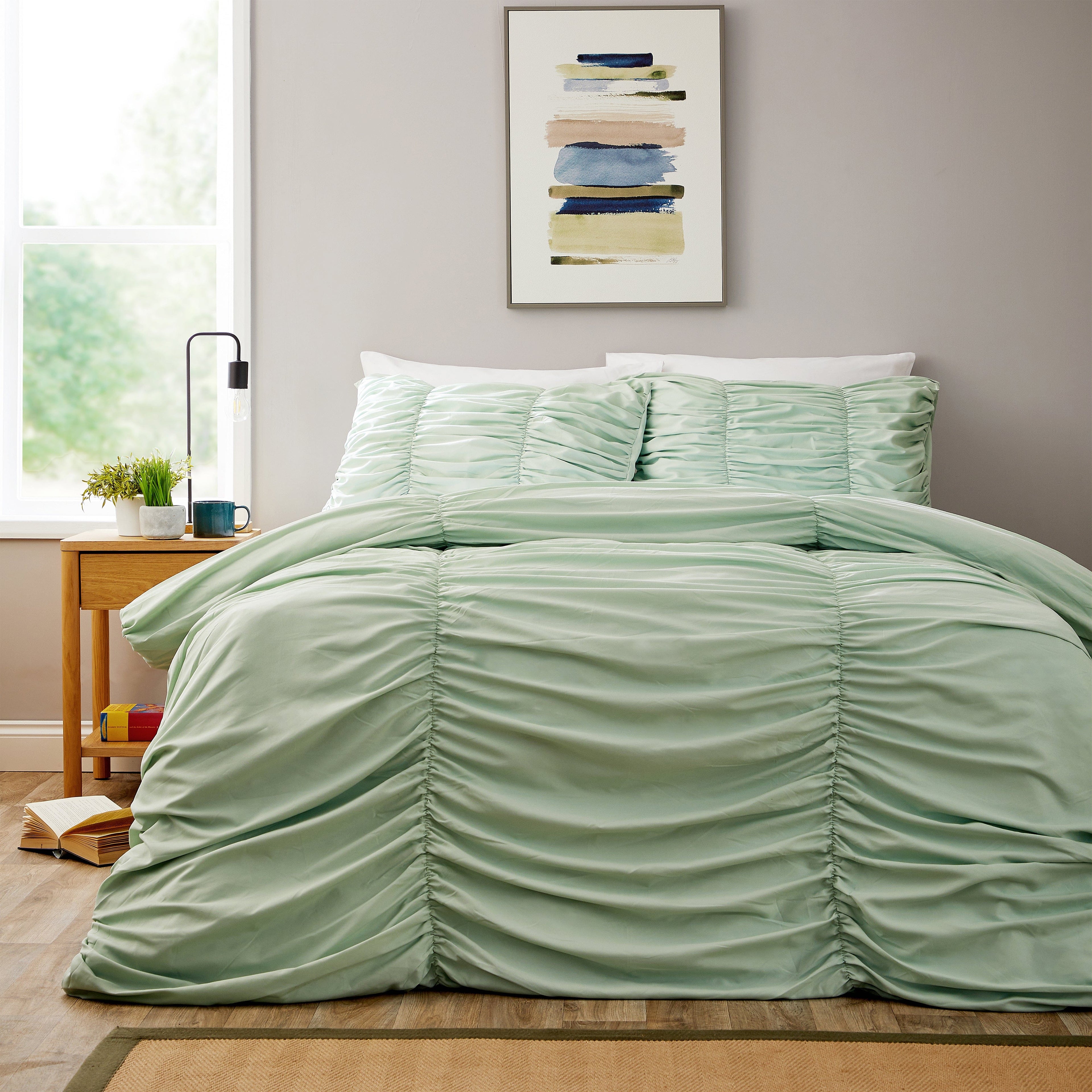 OLIVIA ROCCO Sage Green Ruched Microfibre Duvet Cover Set | Ruffle Bedding