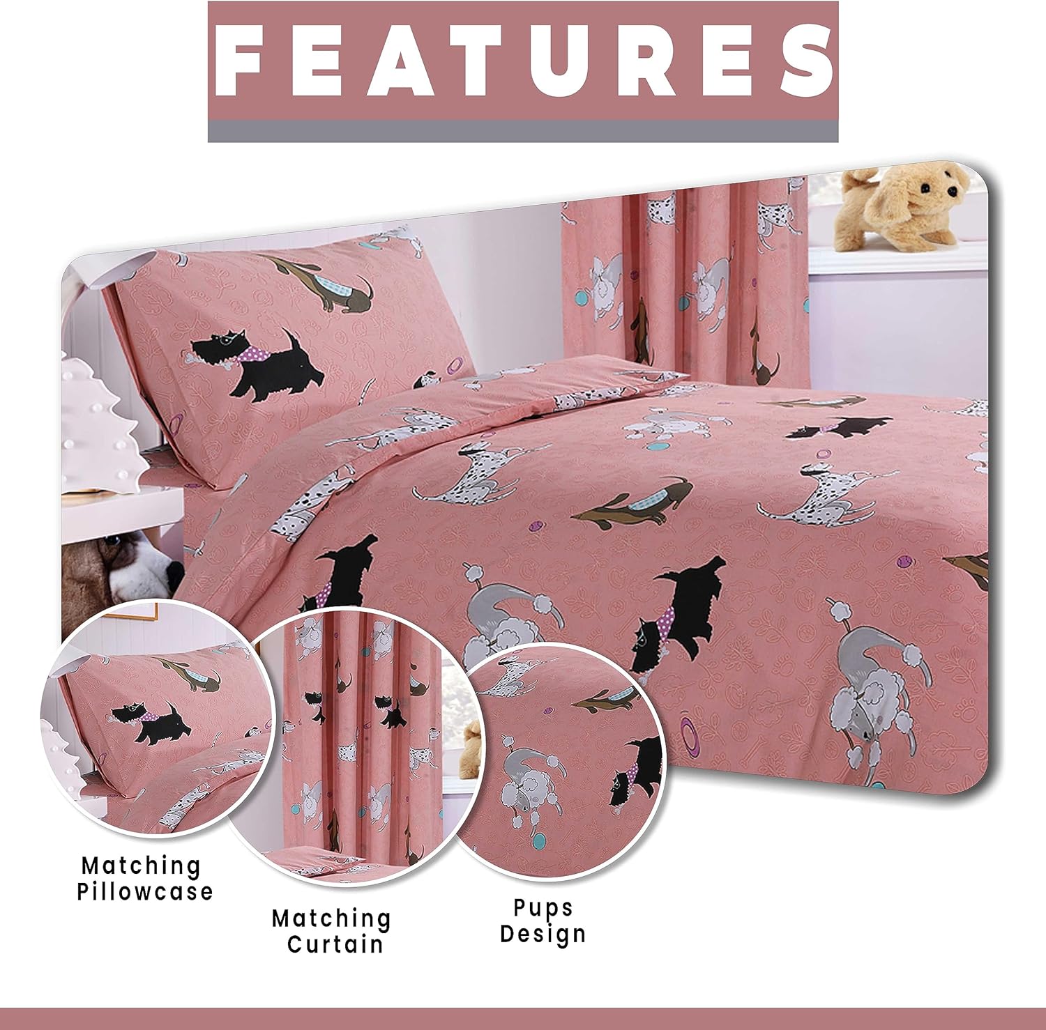 OLIVIA ROCCO Pink Dog Print Duvet Cover Set with Matching Curtains