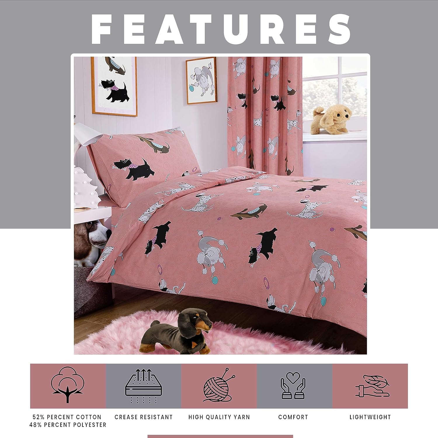 OLIVIA ROCCO Pink Dog Print Duvet Cover Set with Matching Curtains
