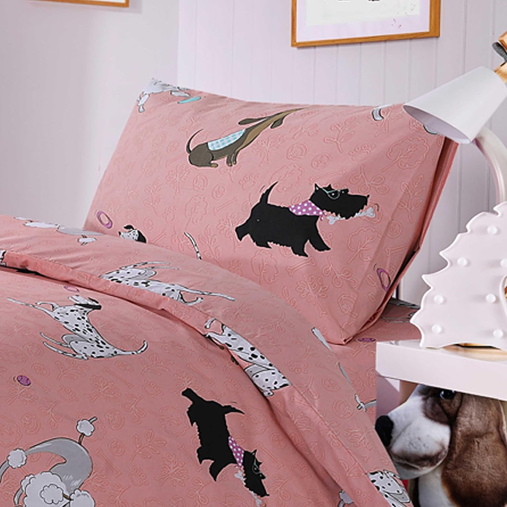 OLIVIA ROCCO Pink Dog Print Duvet Cover Set with Matching Curtains
