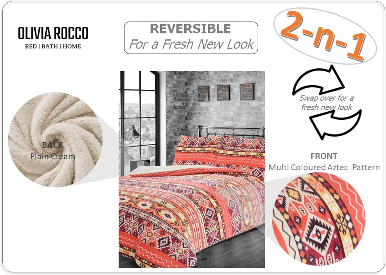 OLIVIA ROCCO Aztec Teddy Fleece Duvet Set – Reversible Sherpa Bedding