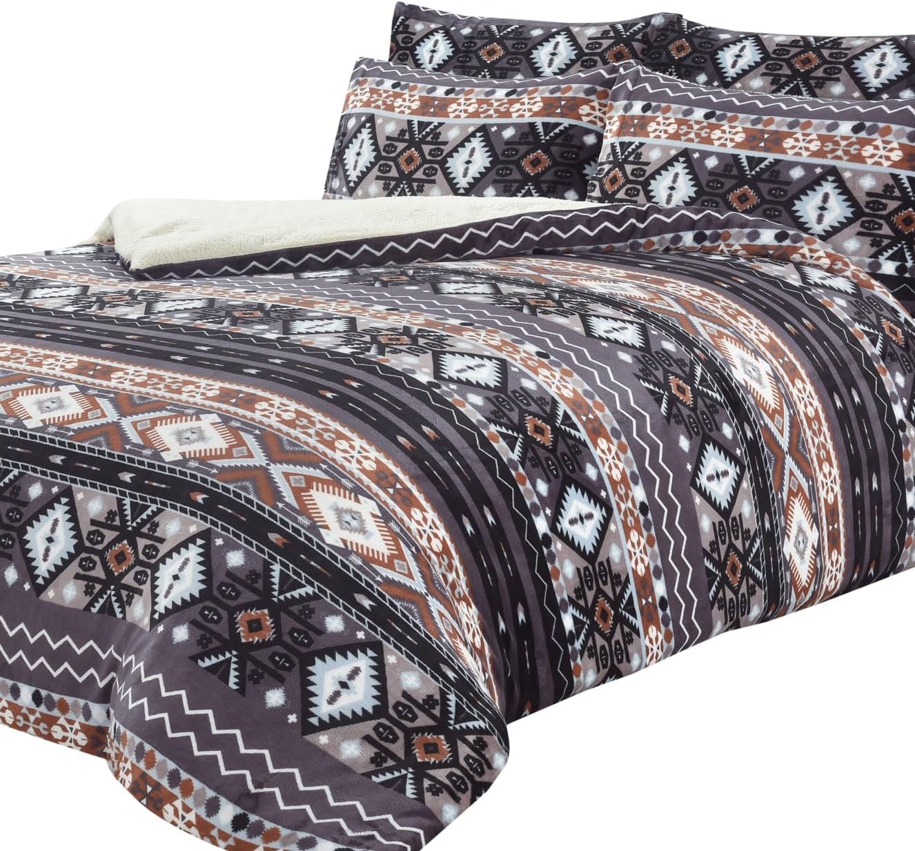 OLIVIA ROCCO Aztec Teddy Fleece Duvet Set – Reversible Sherpa Bedding