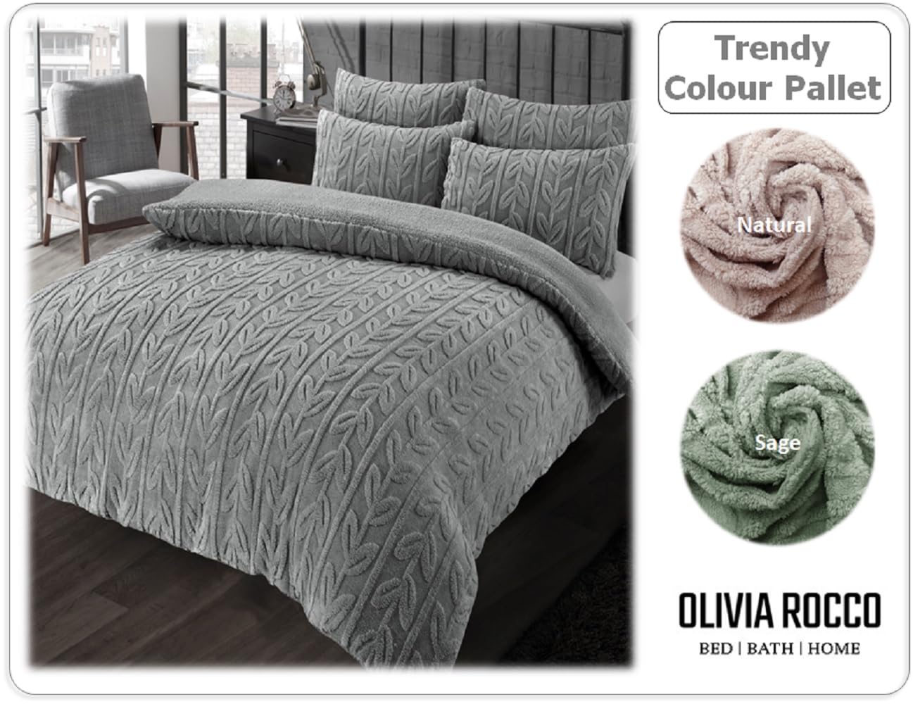 OLIVIA ROCCO Leaf Print Teddy Fleece Duvet Set | Reversible Sherpa Bedding
